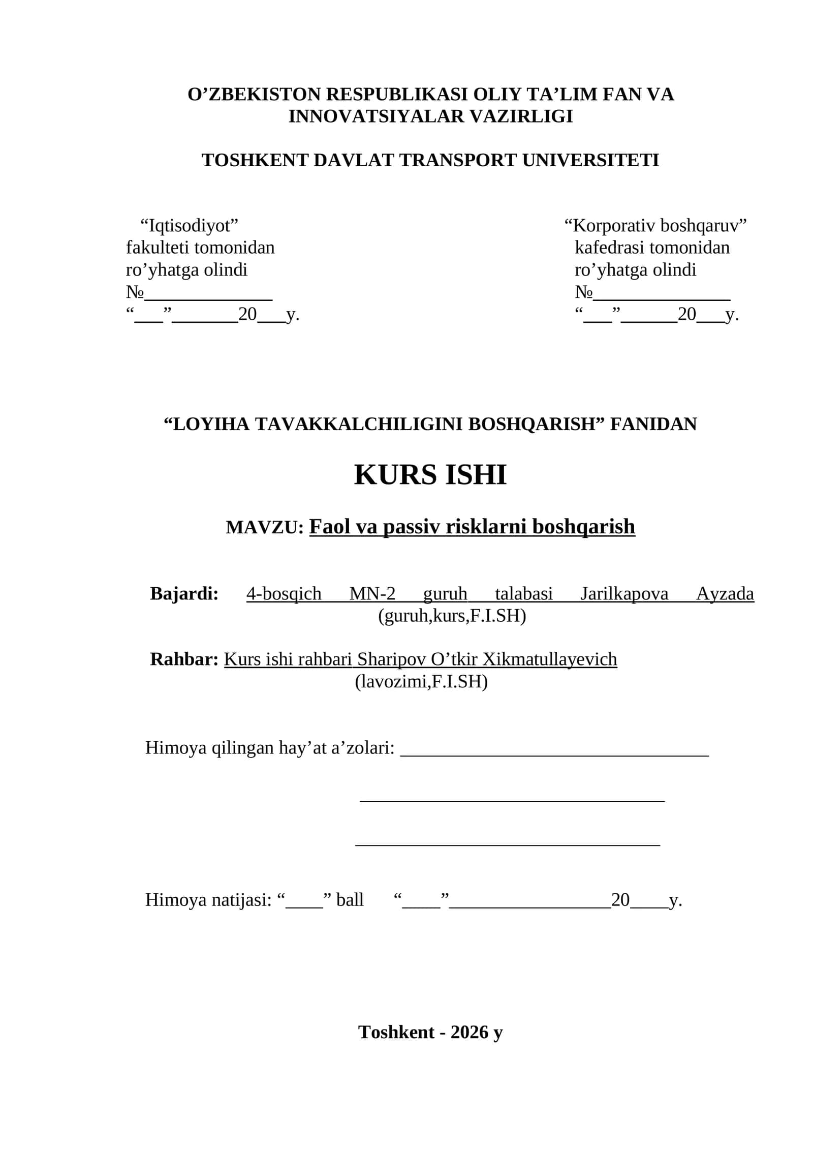 LOYIHA TAVAKKALCHILIGINI BOSHQARISH 1