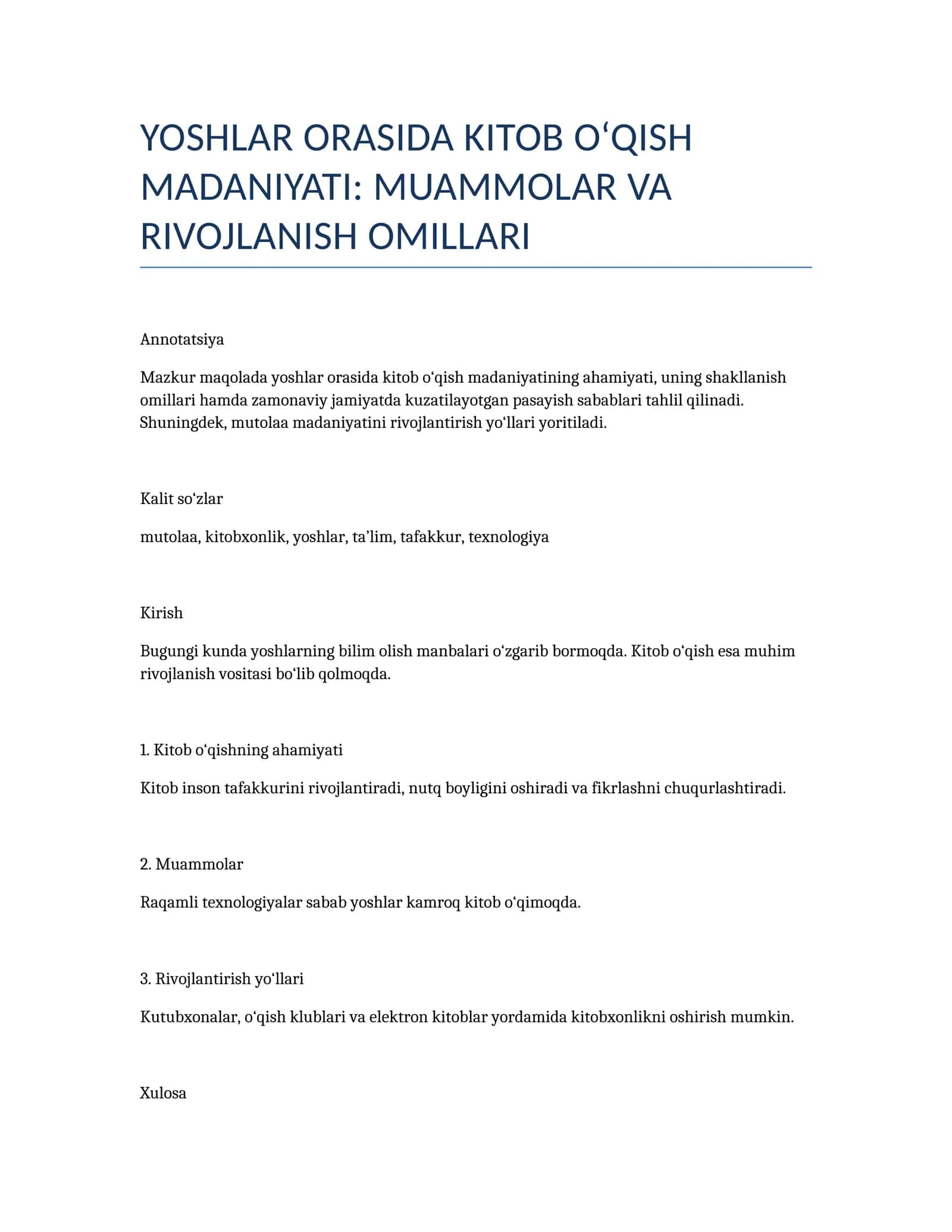 YOSHLAR ORASIDA KITOB O‘QISH MADANIYATI: MUAMMOLAR VA RIVOJLANISH OMILLARI 1