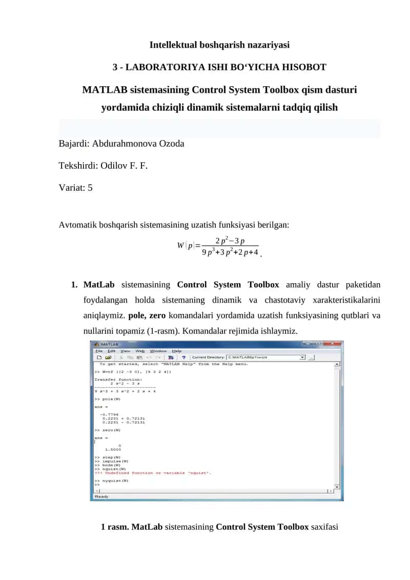 MATLAB sistеmаsining Control System Toolbox 1
