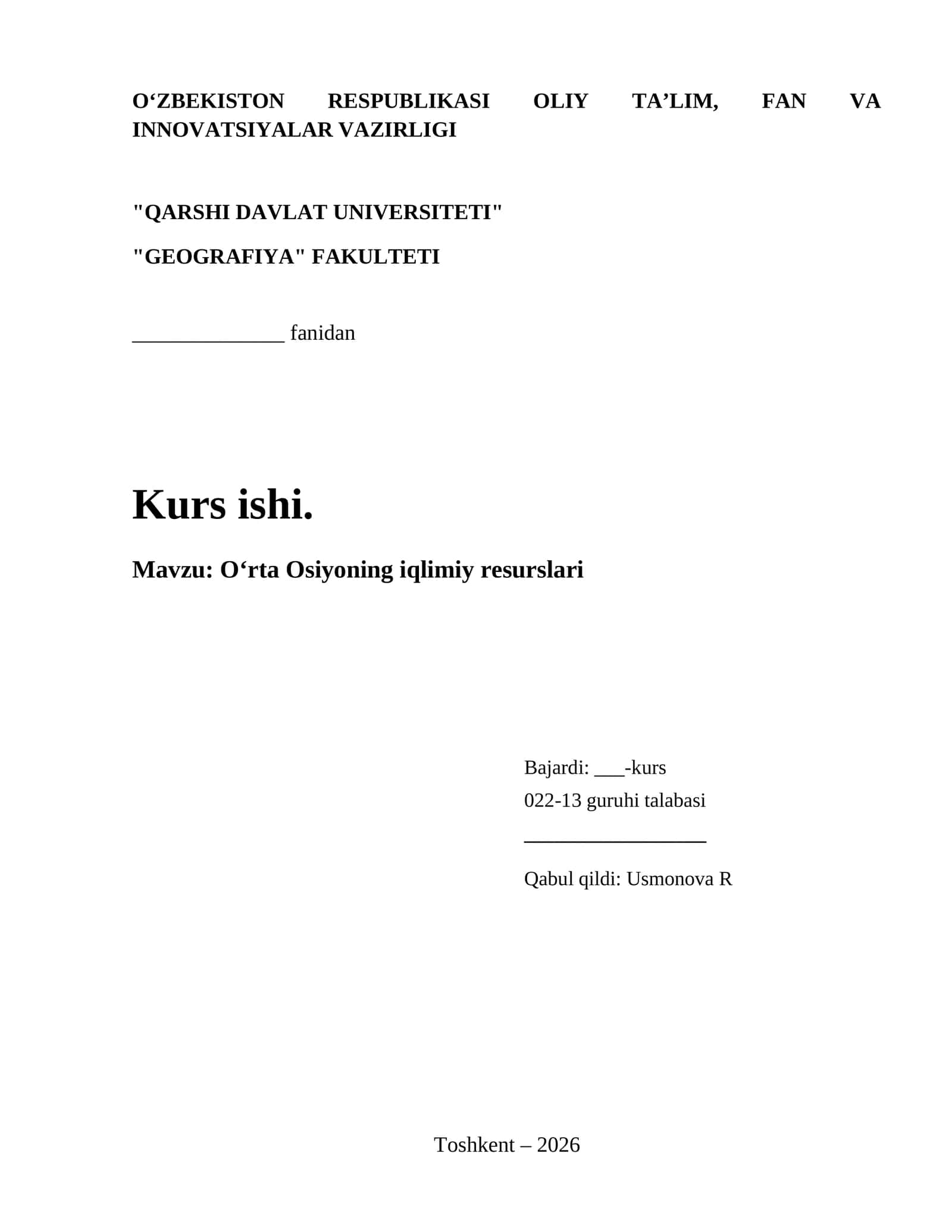 Oʻrta Osiyoning iqlimiy resurslari Kurs ishi 1