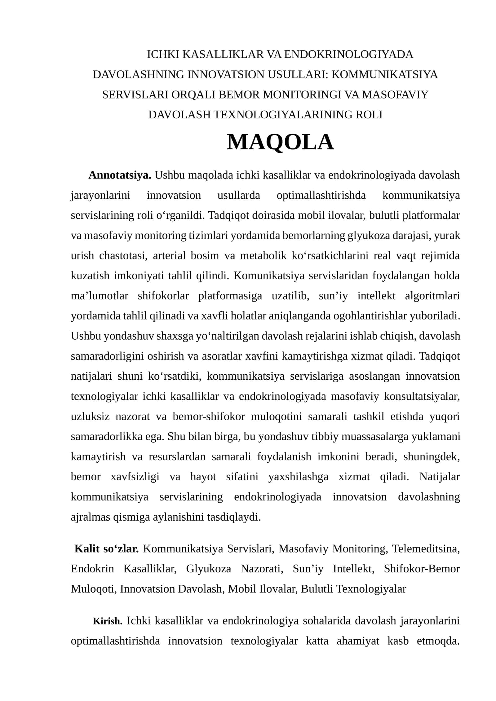 (maqola)ICHKI KASALLIKLAR VA ENDOKRINOLOGIYADA DAVOLASHNING INNOVATSION USULLARI: KOMMUNIKATSIYA SERVISLARI ORQALI BEMOR MONITORINGI VA MASOFAVIY DAVOLASH TEXNOLOGIYALARINING ROLI 1