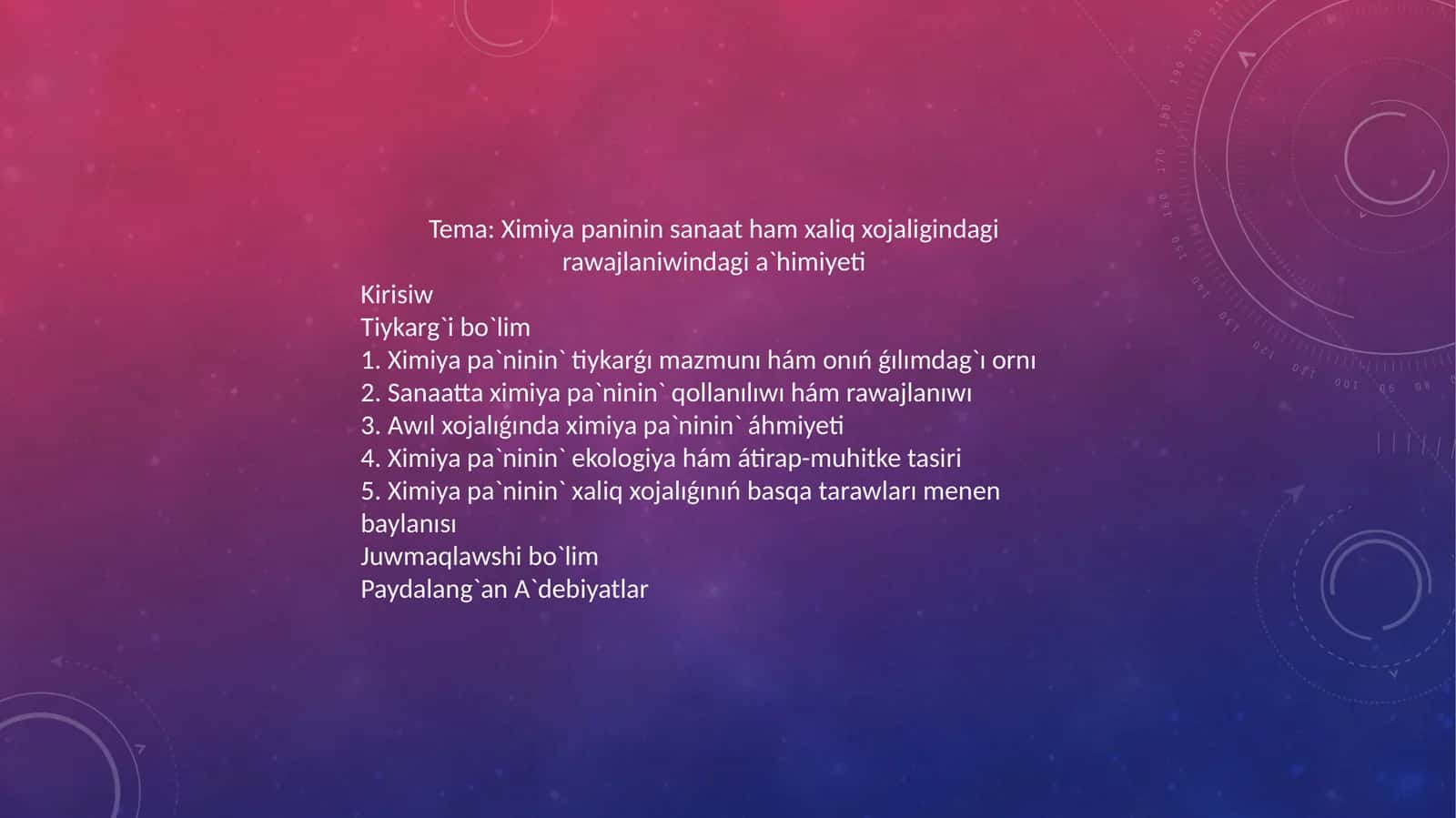 Ximiya paninin sanaat ham xaliq xojaligidagi rawajlaniwindagi a`himiyeti 1