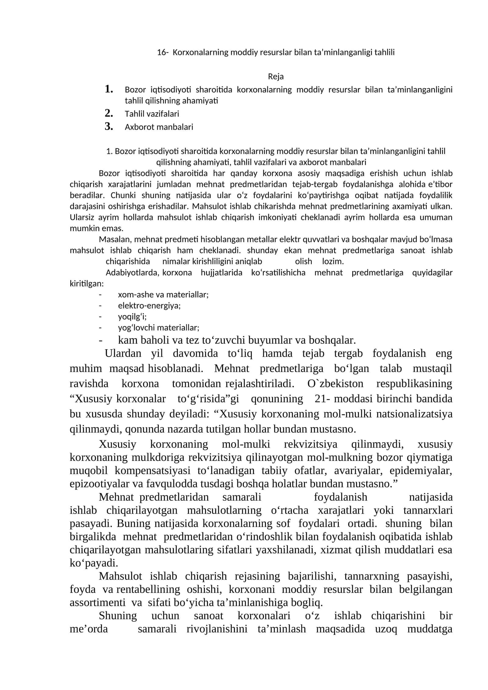 Korxonalarning moddiy resurslar bilan ta’minlanganligi tahlili 1