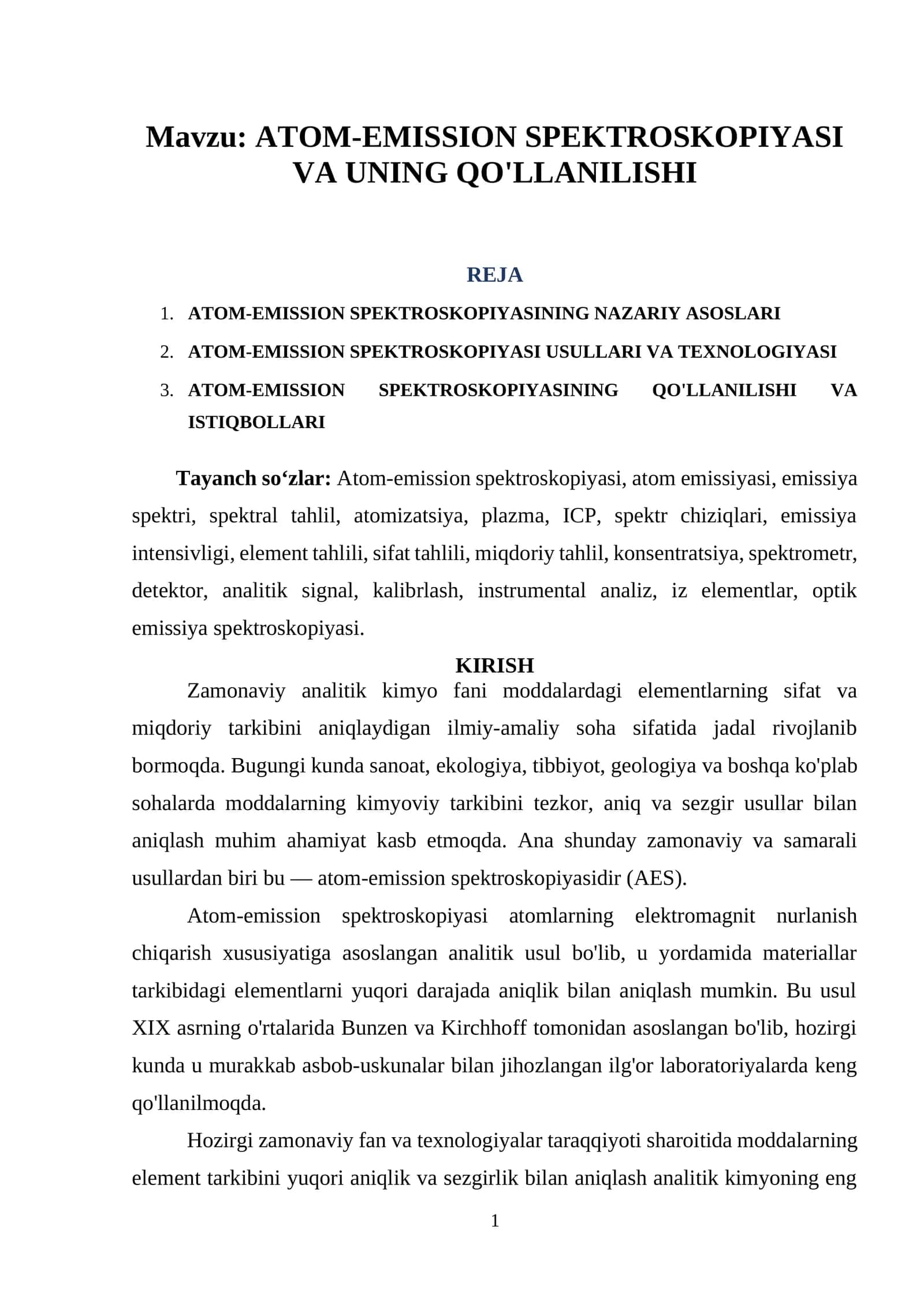 ATOM-EMISSION SPEKTROSKOPIYASI VA UNING QO'LLANILISHI 1