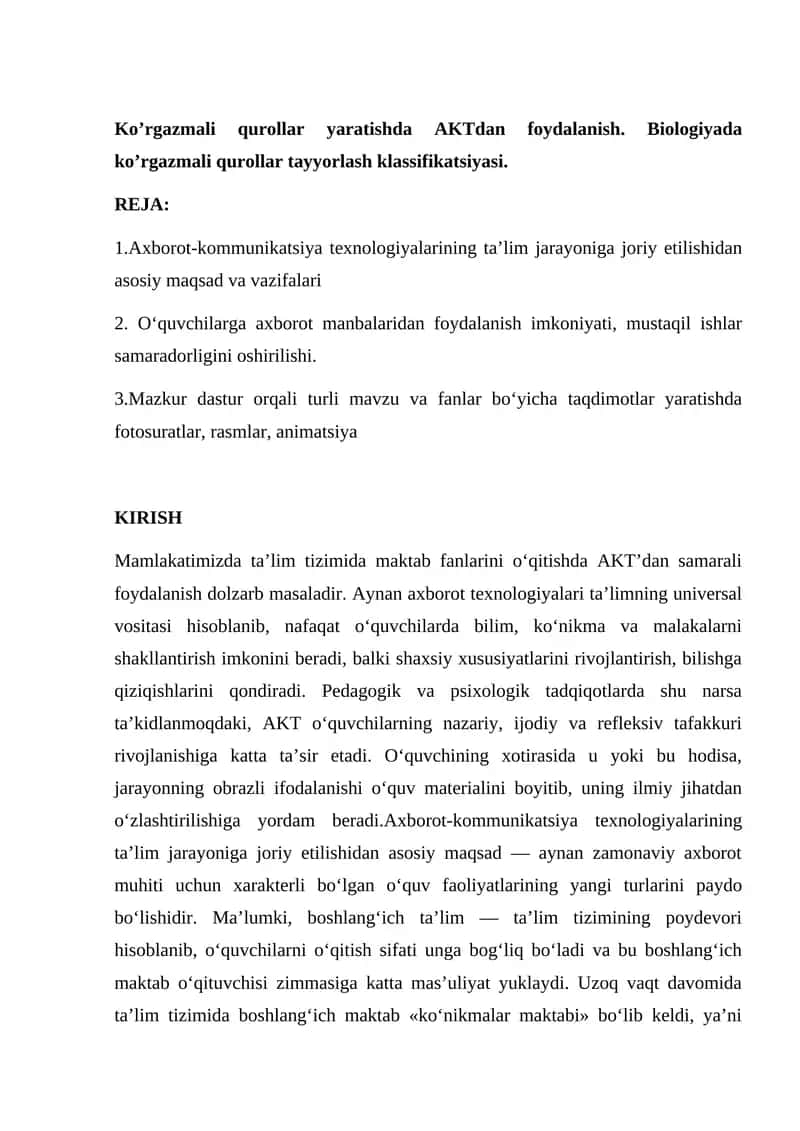 Ko’rgazmali qurollar yaratishda AKTdan foydalanish. Biologiyada ko’rgazmali qurollar tayyorlash klas 1
