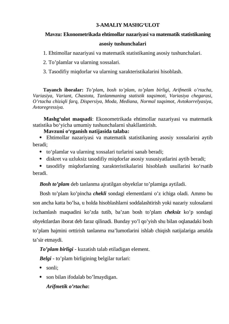 Ekonometrikada ehtimollar nazariyasi 1