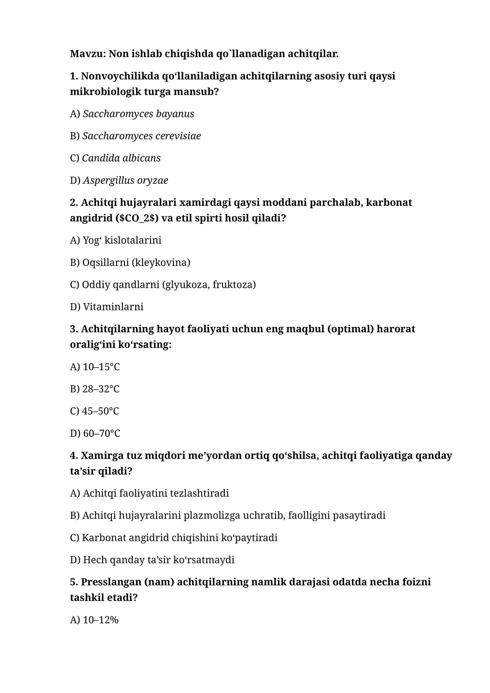 Non ishlab chiqishda qo`llanadigan achitqilar. 1