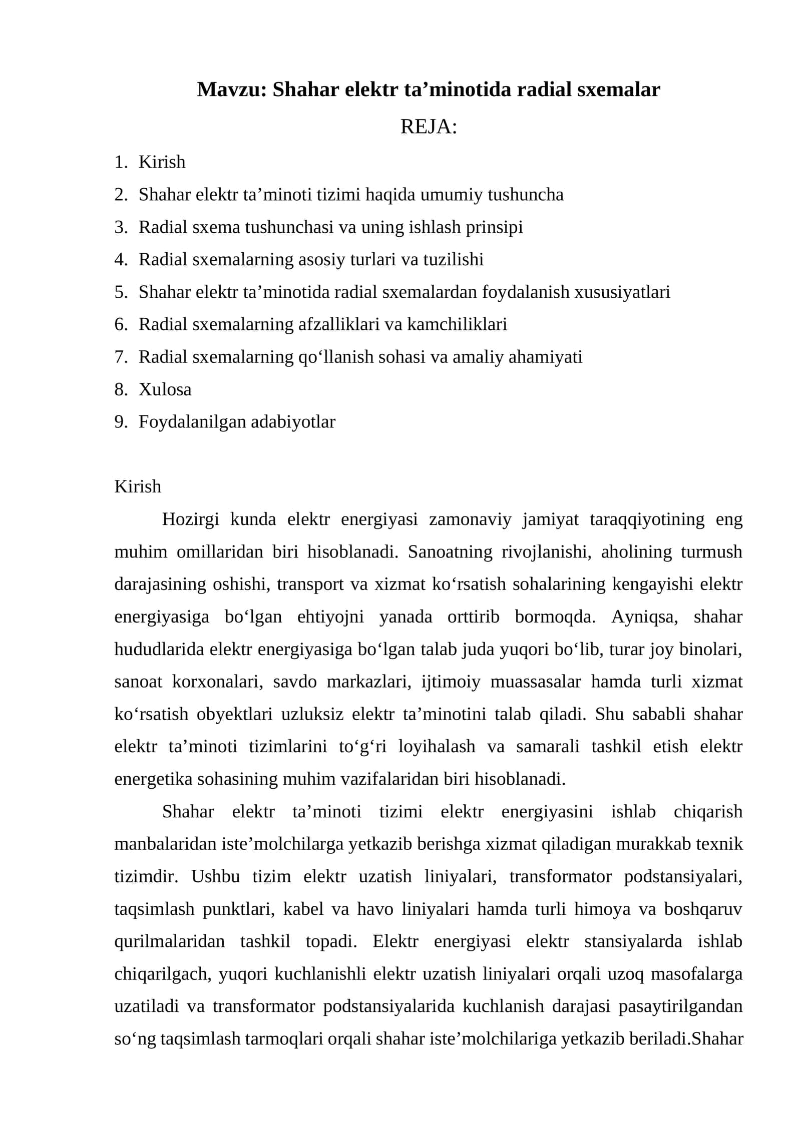 Shahar elektr ta’minotida radial sxemalar 1