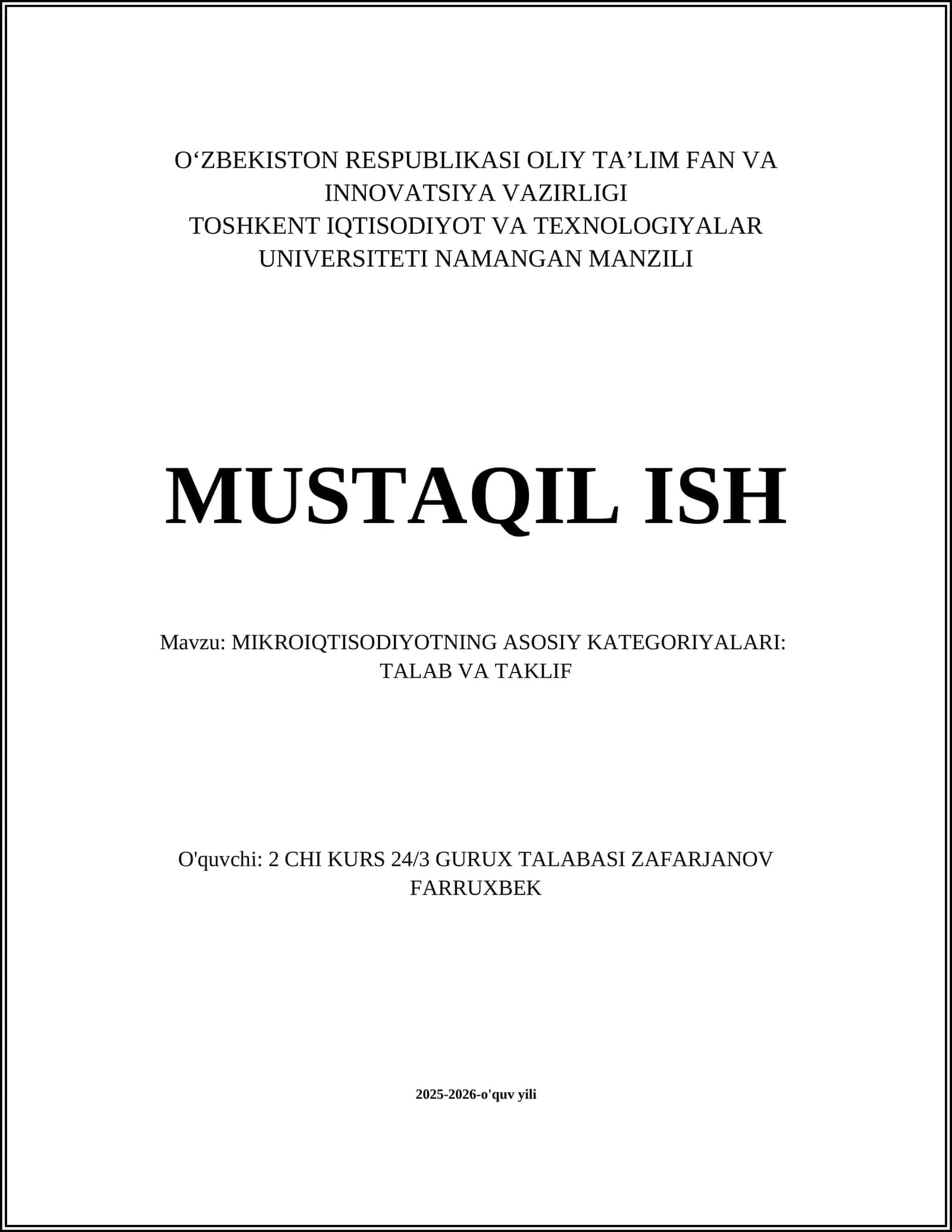 MIKROIQTISODIYOTNING ASOSIY KATEGORIYALARI: TALAB VA TAKLIF 1