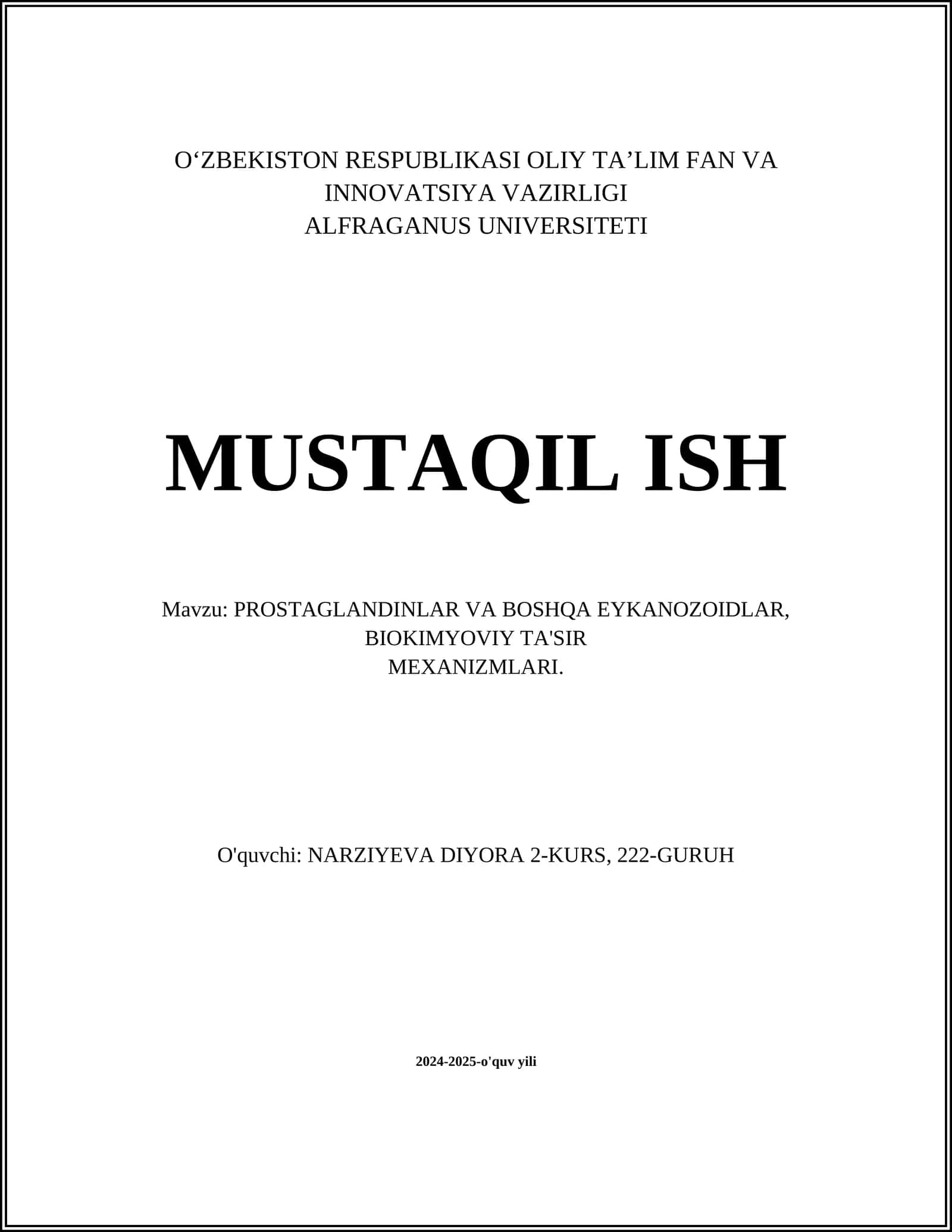 PROSTAGLANDINLAR VA BOSHQA EYKANOZOIDLAR, BIOKIMYOVIY TA'SIR MEXANIZMLARI 1