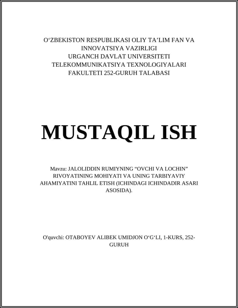 JALOLIDDIN RUMIYNING “OVCHI VA LOCHIN” RIVOYATINING MOHIYATI VA UNING TARBIYAVIY AHAMIYATINI TAHLIL ETISH 1