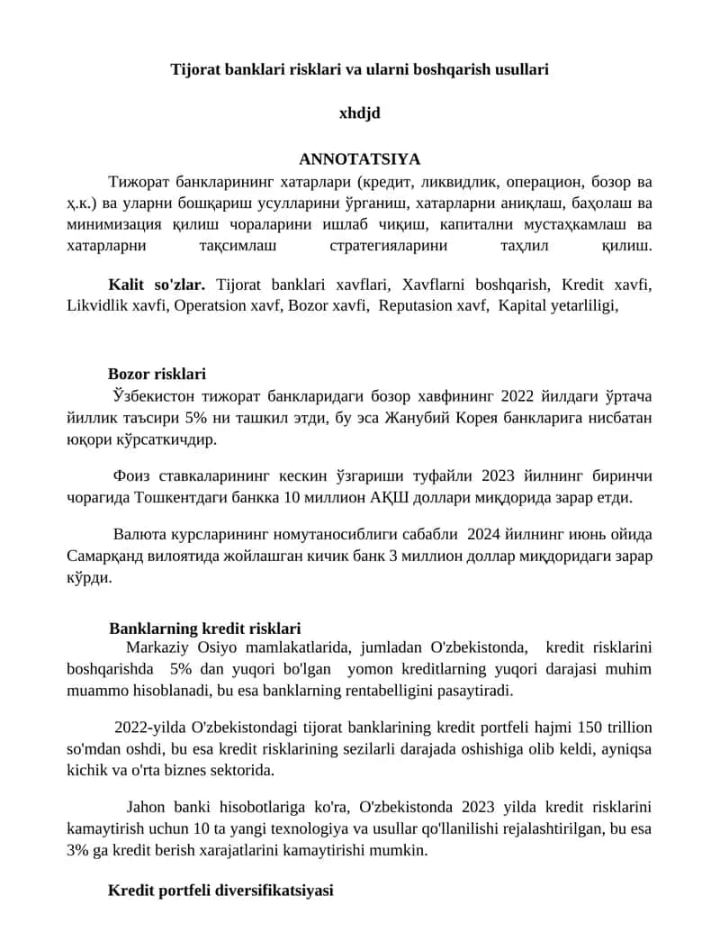 Tijorat banklari risklari va ularni boshqarish usullari 1