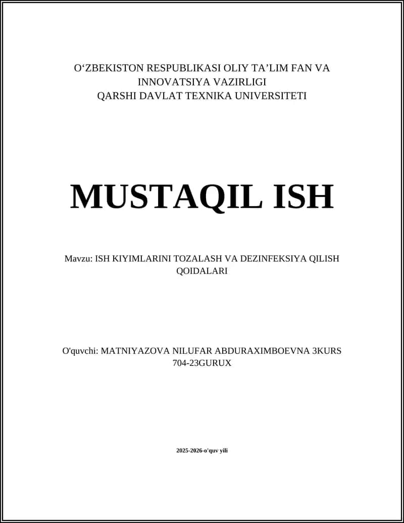 ISH KIYIMLARINI TOZALASH VA DEZINFEKSIYA QILISH QOIDALARI 1