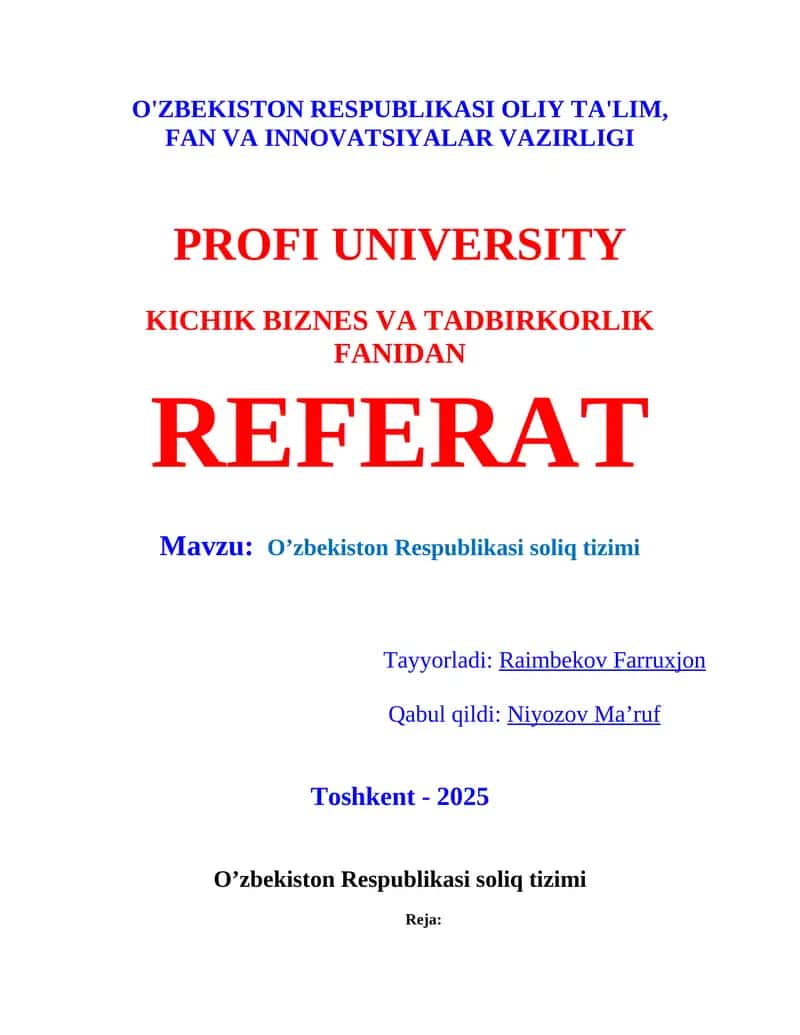 O’zbekiston Respublikasi soliq tizimi Referat 1