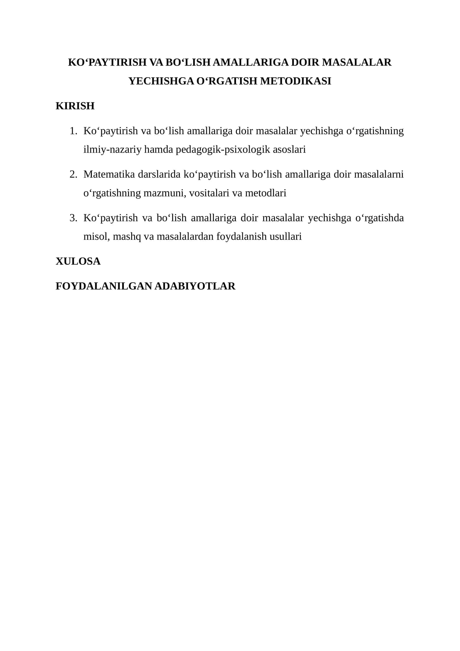 Ko‘paytirish va bo‘lish amallariga doir masalalar yechishga o‘rgatish metodikasi 1