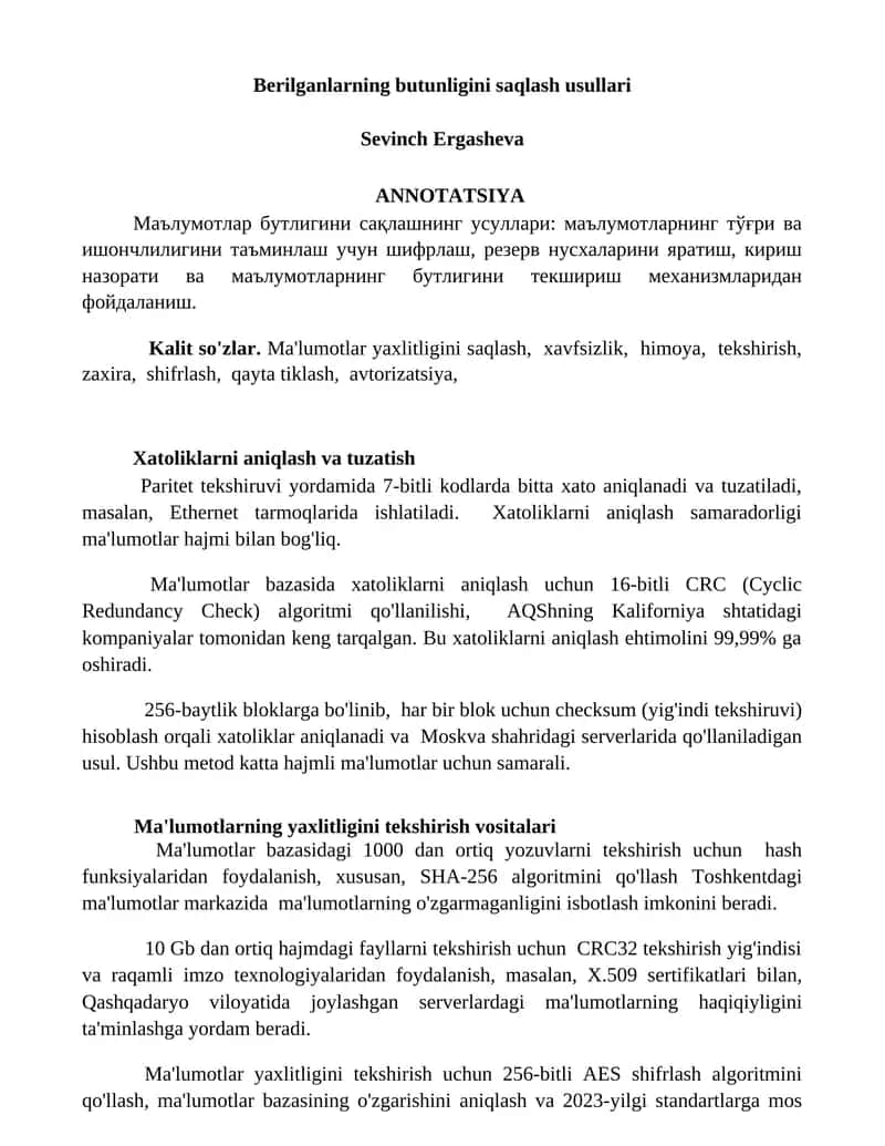 Ma'lumotlarning butunligini saqlash usullari 1