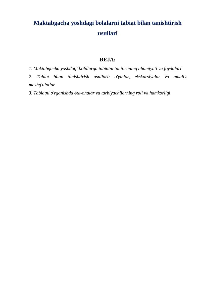 Maktabgacha yoshdagi bolalarni tabiat bilan tanishtirish usullari 1