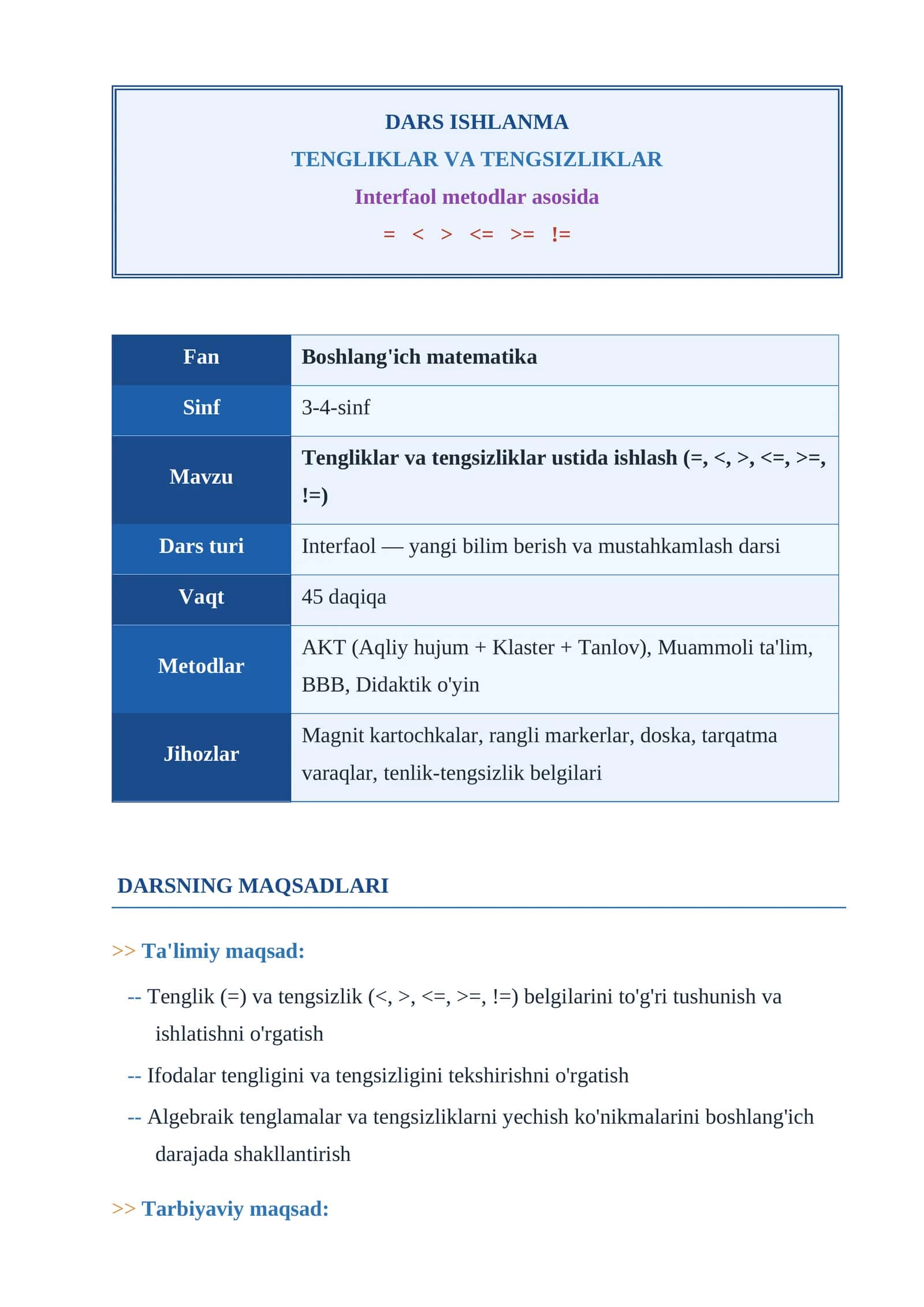 TENGLIKLAR VA TENGSIZLIKLAR   dars ishlanma 1