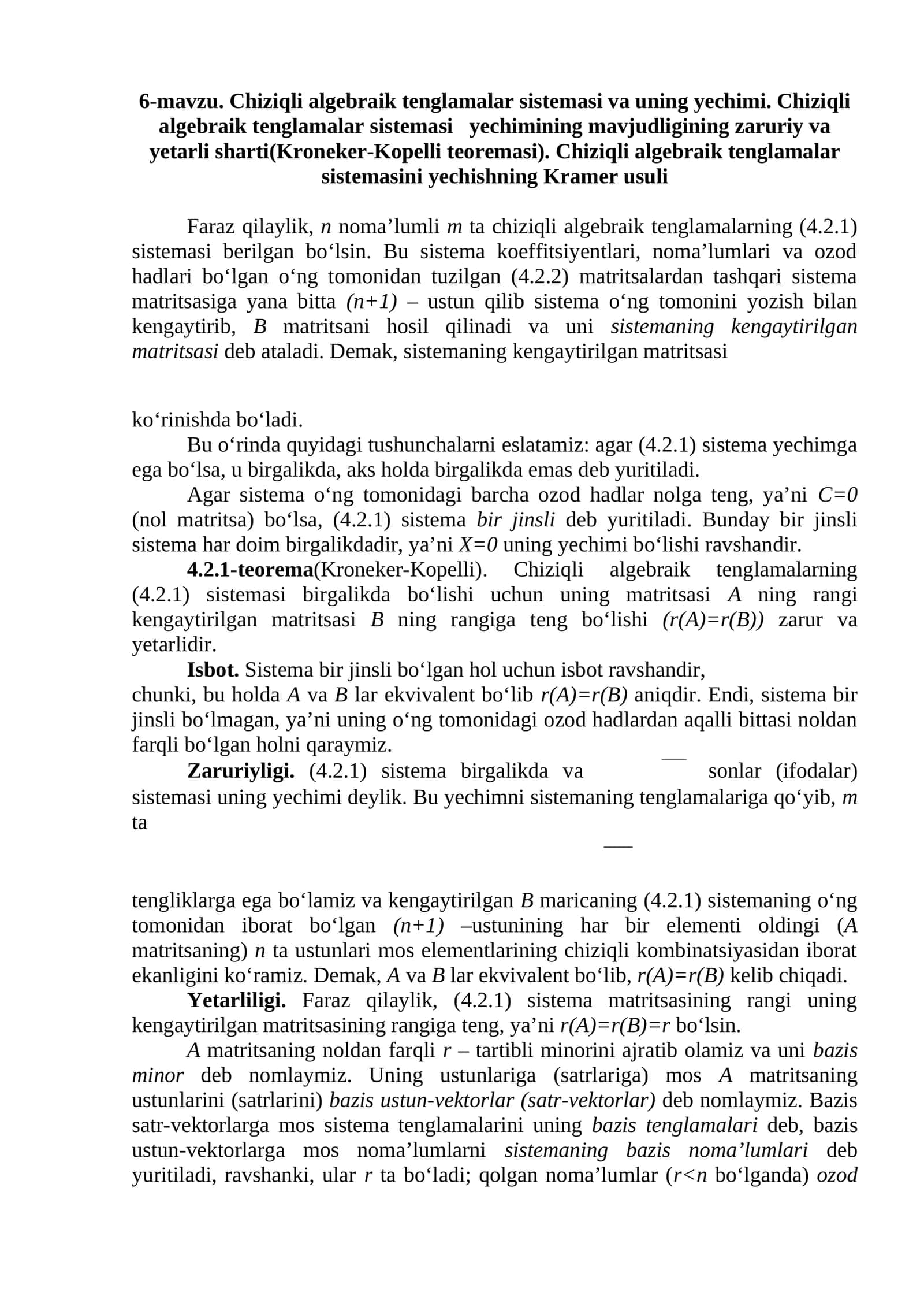 Chiziqli algebraik tenglamalar sistemasi va uning yechimi 1