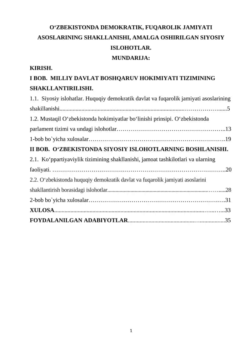 O‘ZBEKISTONDA DEMOKRATIK, FUQAROLIK JAMIYATI ASOSLARINING SHAKLLANISHI, AMALGA OSHIRILGAN SIYOSIY ISLOHOTLAR. 1
