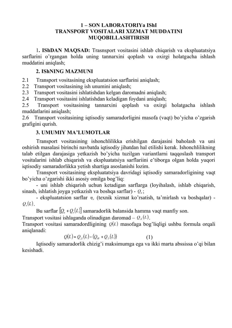 SON LABORATORIYA ISHI TRANSPORT VOSITALARI XIZMAT MUDDATINI MUQOBILLASHTIRISH 1
