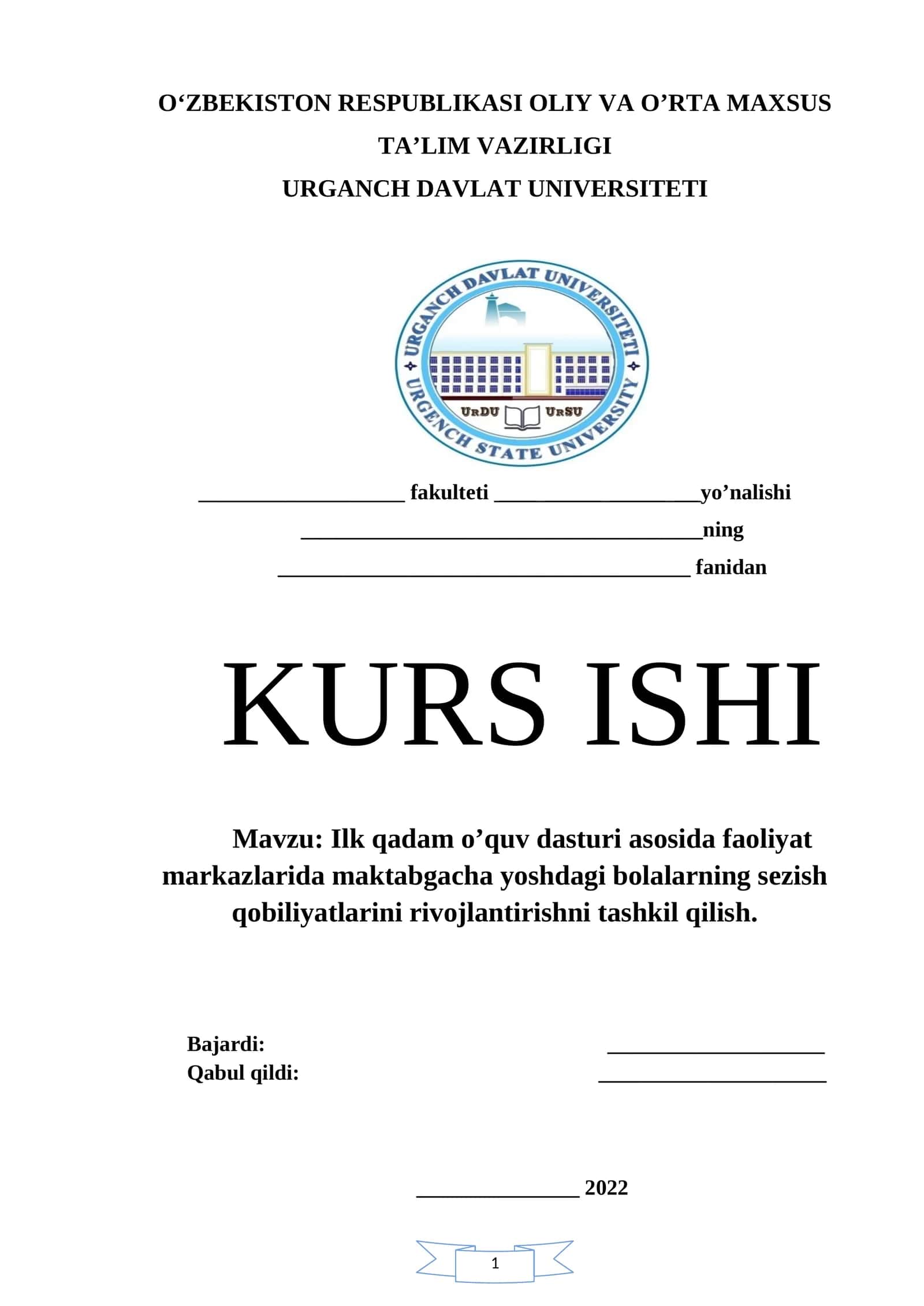 Ilk qadam o’quv dasturi asosida faoliyat markazlarida maktabgacha yoshdagi bolalarning sezish qobiliyatlarini rivojlantirishni tashkil qilish 1