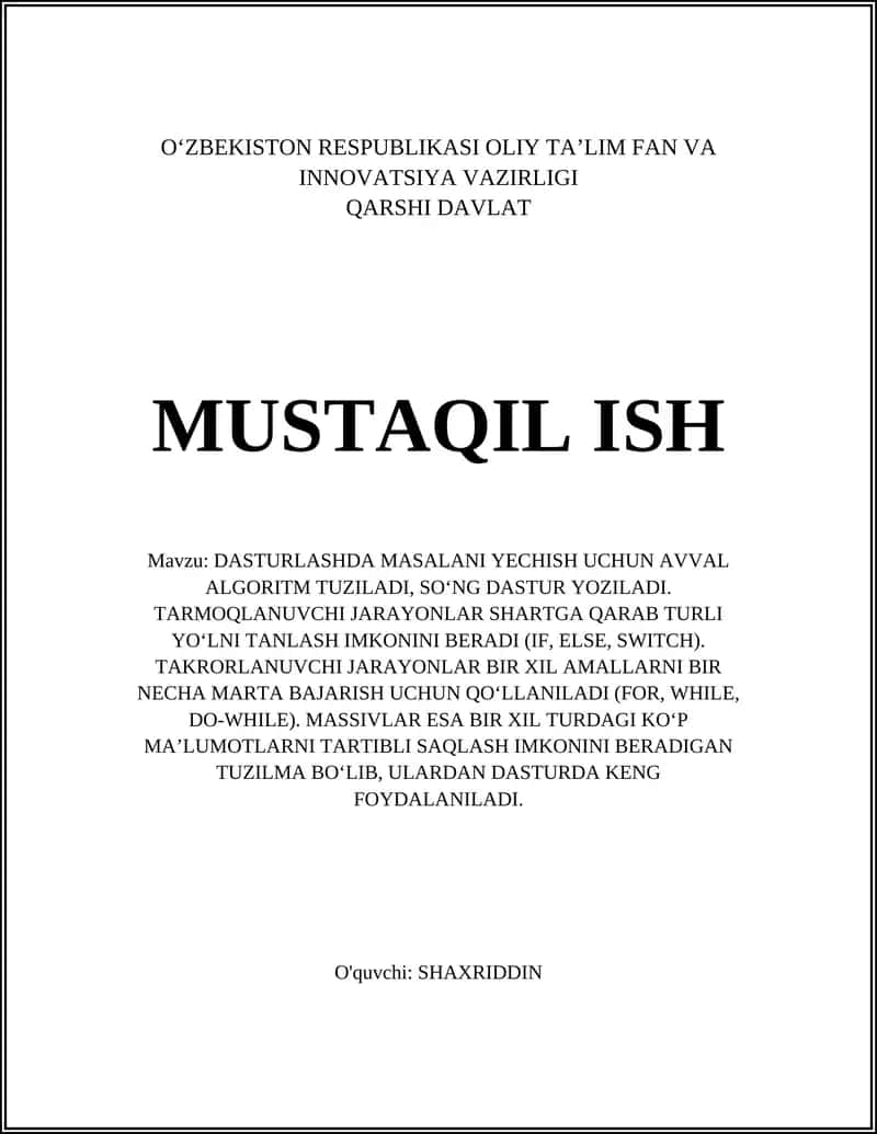 Algoritm tuzish bosqichlari va talablarni tahlil qilish 1