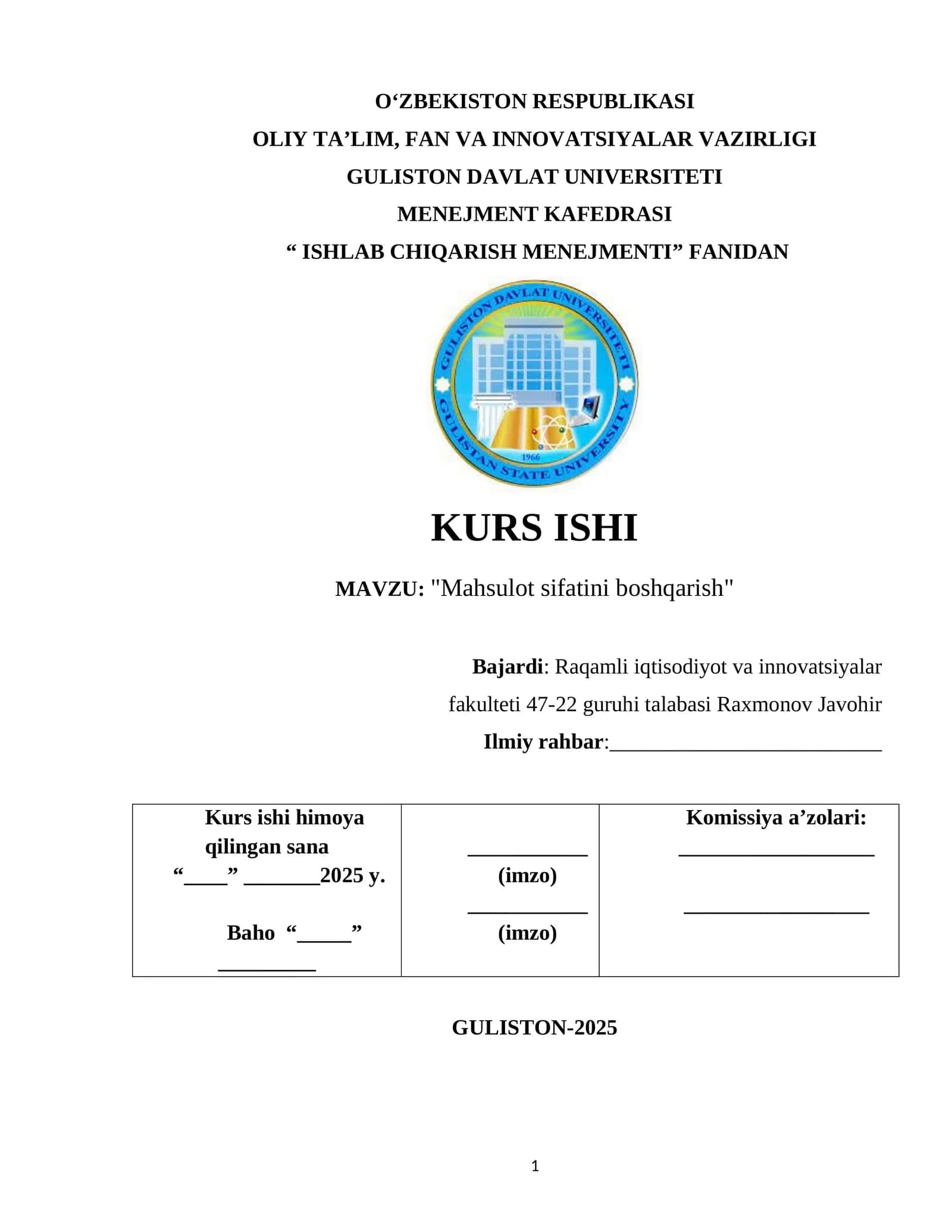 Mahsulot sifatini boshqarish 1
