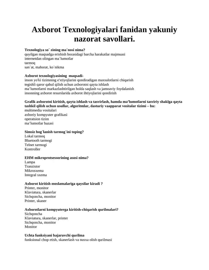 Axborot Texnologiyalari fanidan yakuniy nazorat savollari