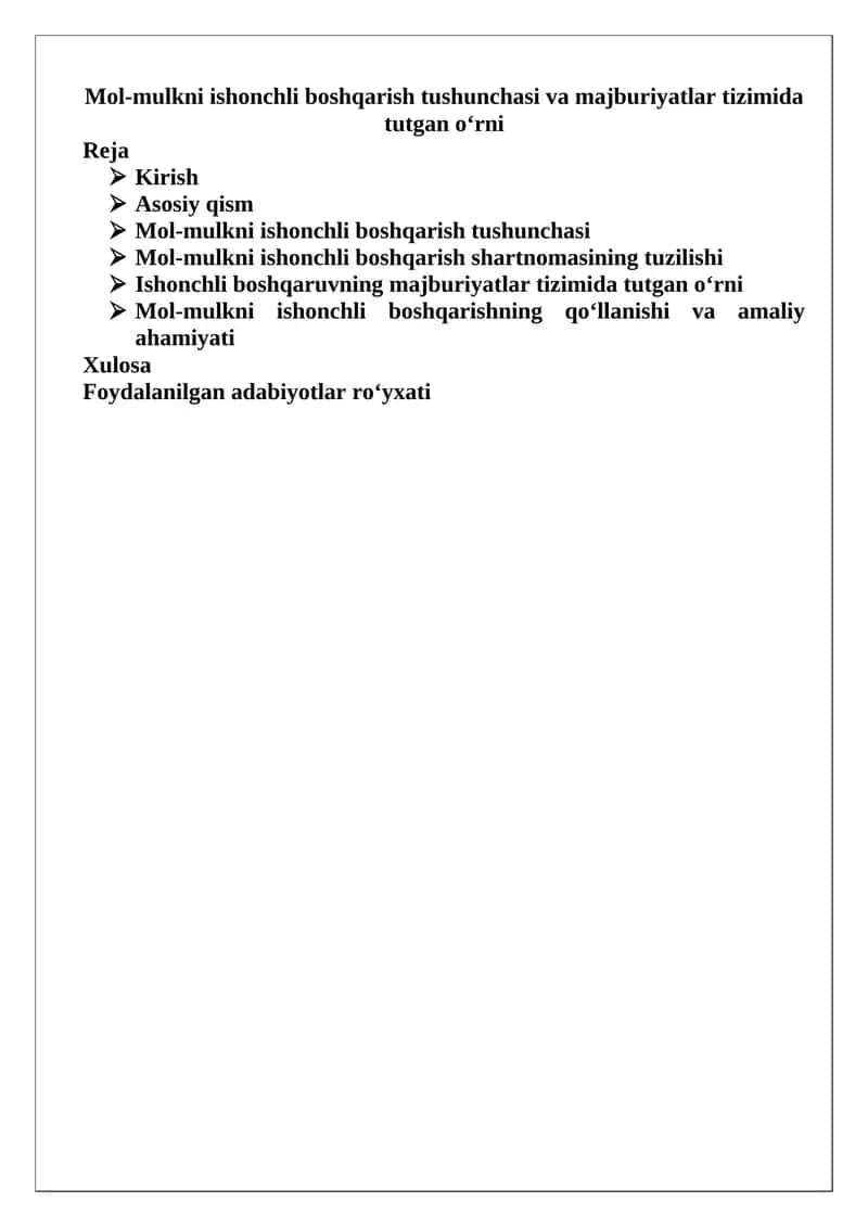 Mol-mulkni ishonchli boshqarish tushunchasi va majburiyatlar tizimida tutgan o‘rni 1