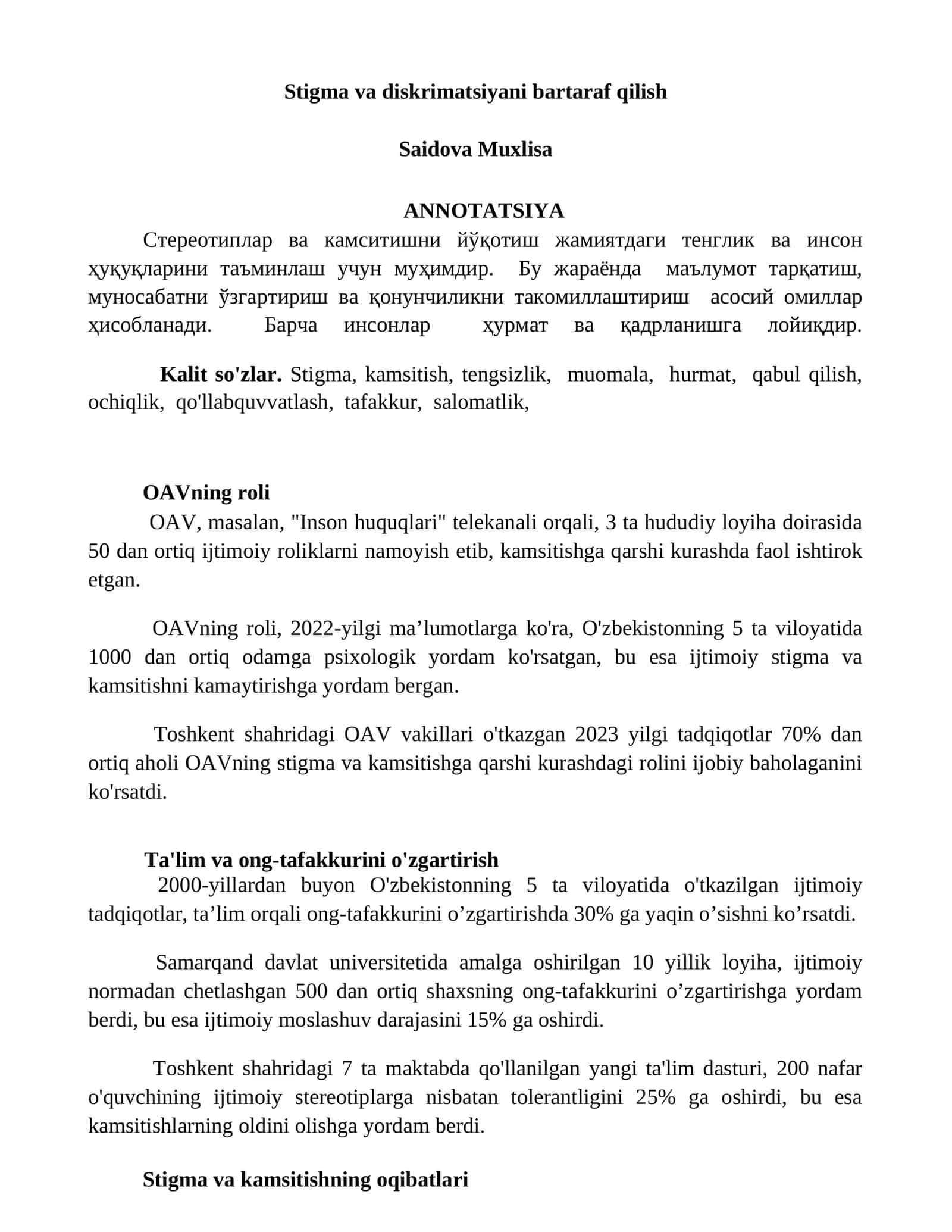 Stigma va diskrimatsiyani bartaraf qilish 1