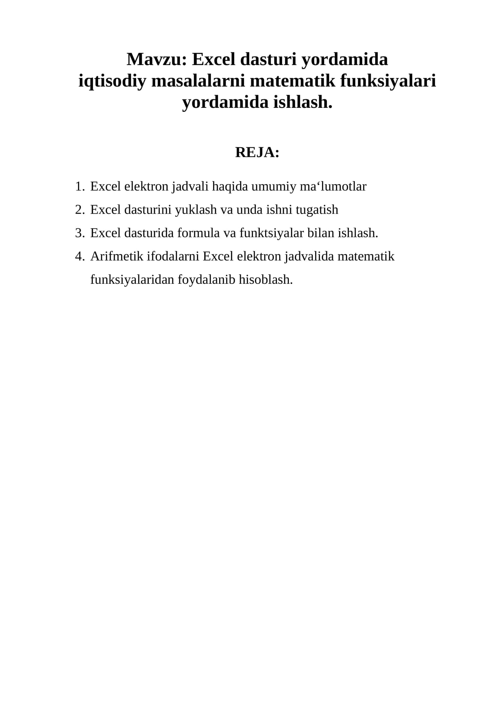 Excel dasturi yordamida iqtisodiy masalalarni matematik funksiyalari yordamida ishlash 1