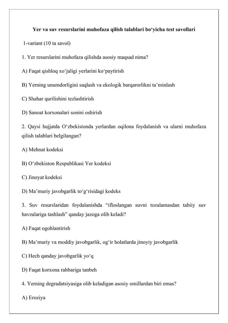 Yer va suv resurslarini muhofaza qilish talablari bo‘yicha test savollari 1