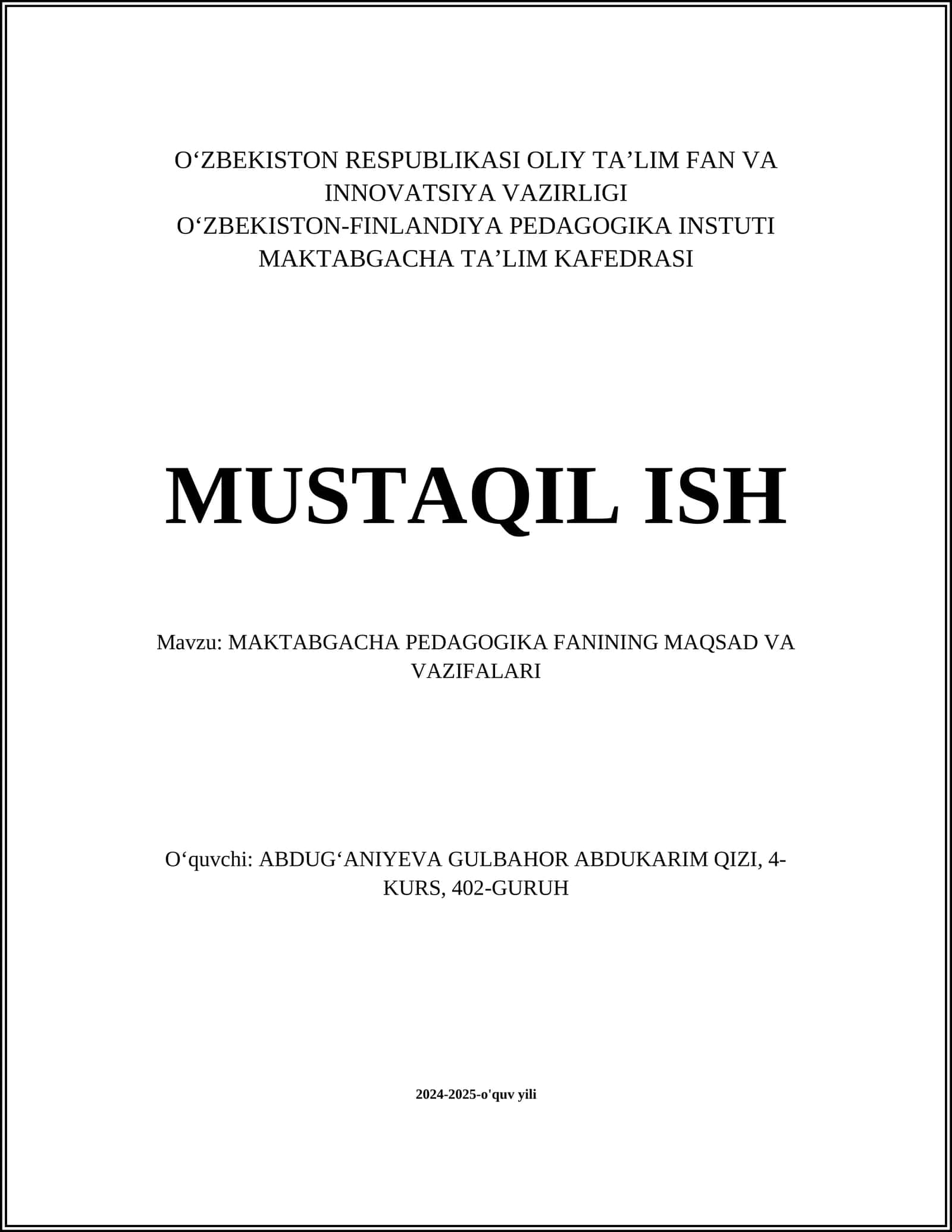 MAKTABGACHA PEDAGOGIKA FANINING MAQSAD VA VAZIFALARI 1