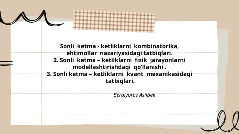 Sonli ketma - ketliklarni kombinatorika, ehtimollar nazariyasidagi tatbiqlari 1