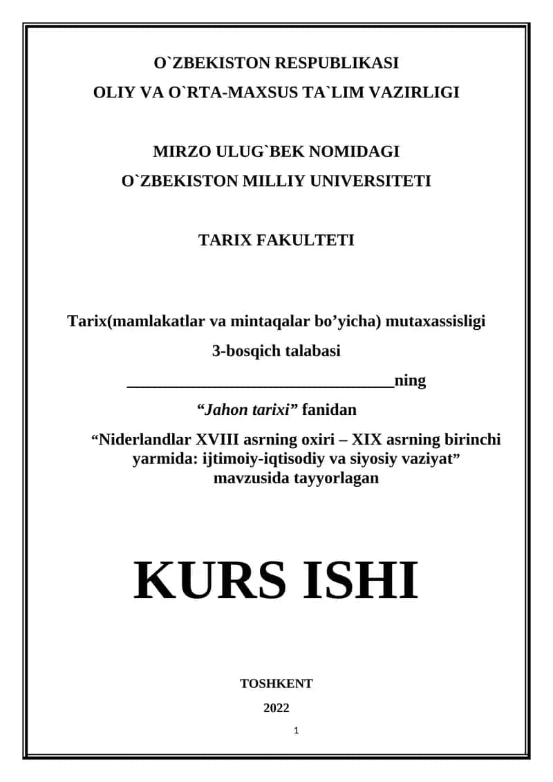 Niderlandlar XVIII asrning oxiri – XIX asrning birinchi yarmida: ijtimoiy-iqtisodiy va siyosiy vaziyat 1