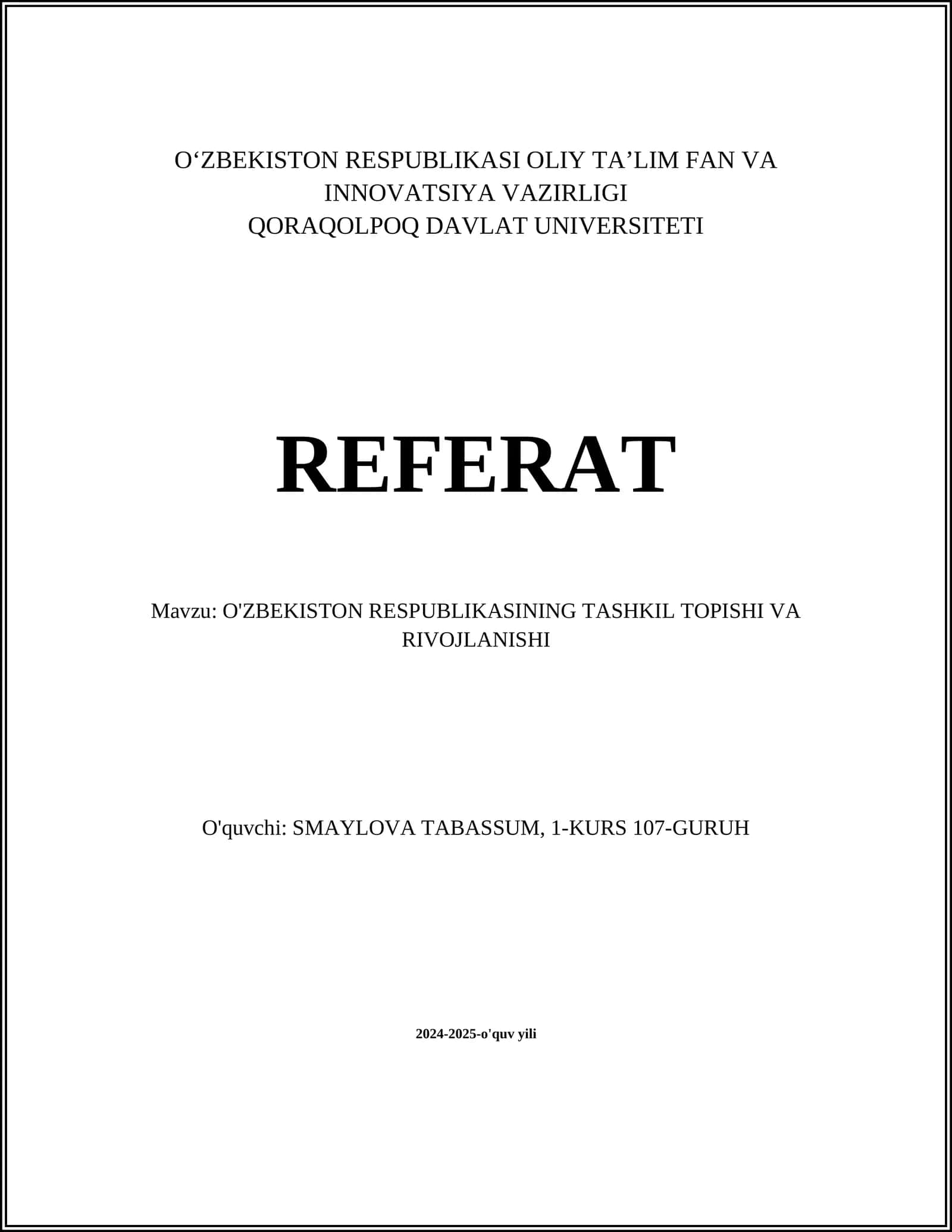 O'ZBEKISTON RESPUBLIKASINING TASHKIL TOPISHI VA RIVOJLANISHI 1