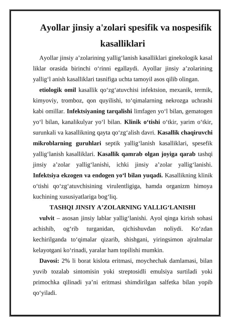 Ayollar jinsiy a'zolari spesifik va nospesifik kasalliklari 1