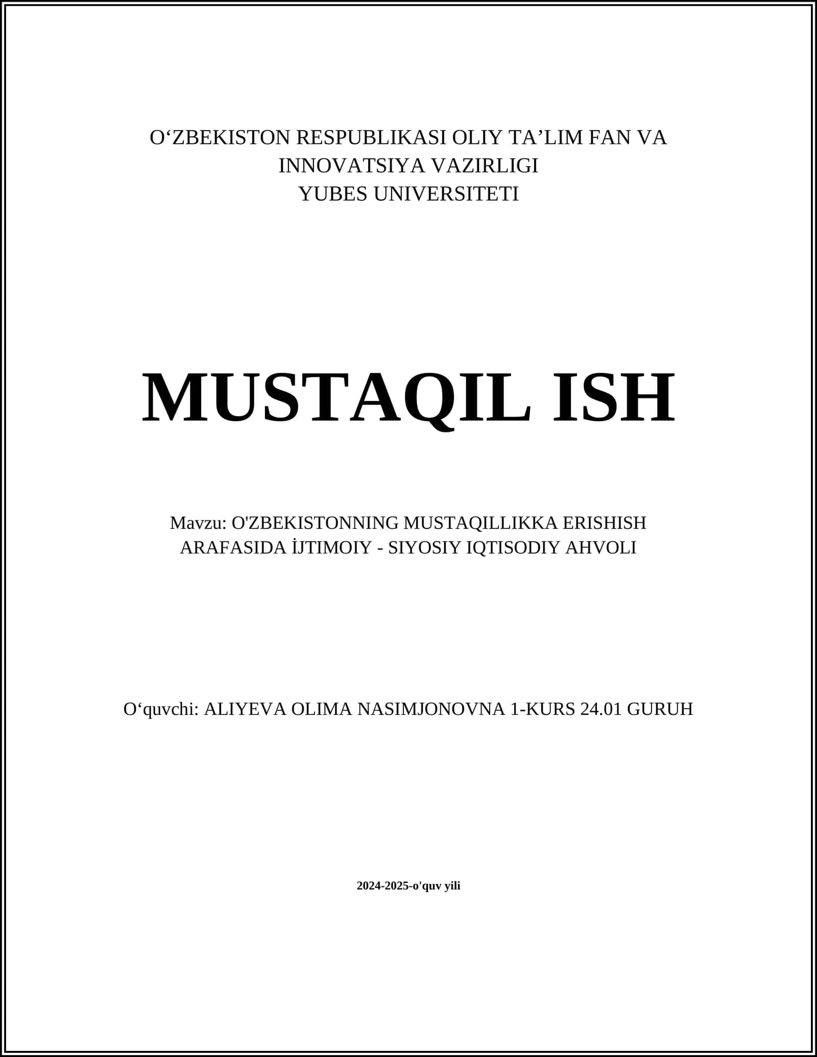 O'ZBEKISTONNING MUSTAQILLIKKA ERISHISH ARAFASIDA İJTIMOIY - SIYOSIY IQTISODIY AHVOLI 1