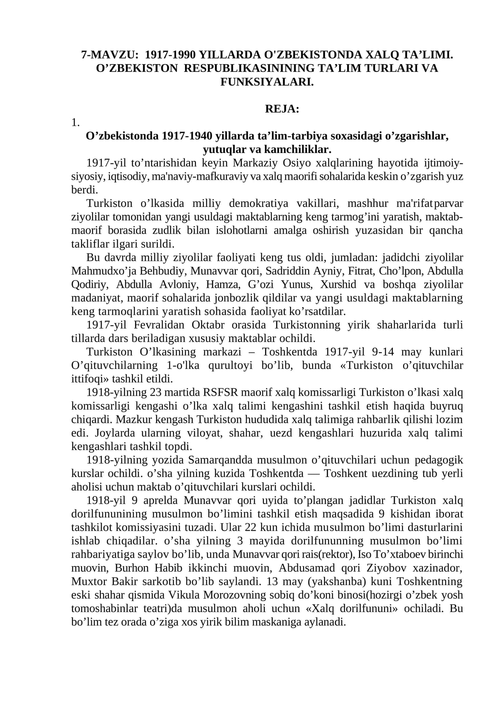 1917-1990 YILLARDA O'ZBEKISTONDA XALQ TA’LIMI. O’ZBEKISTON RESPUBLIKASININING TA’LIM TURLARI VA FUNKSIYALARI 1