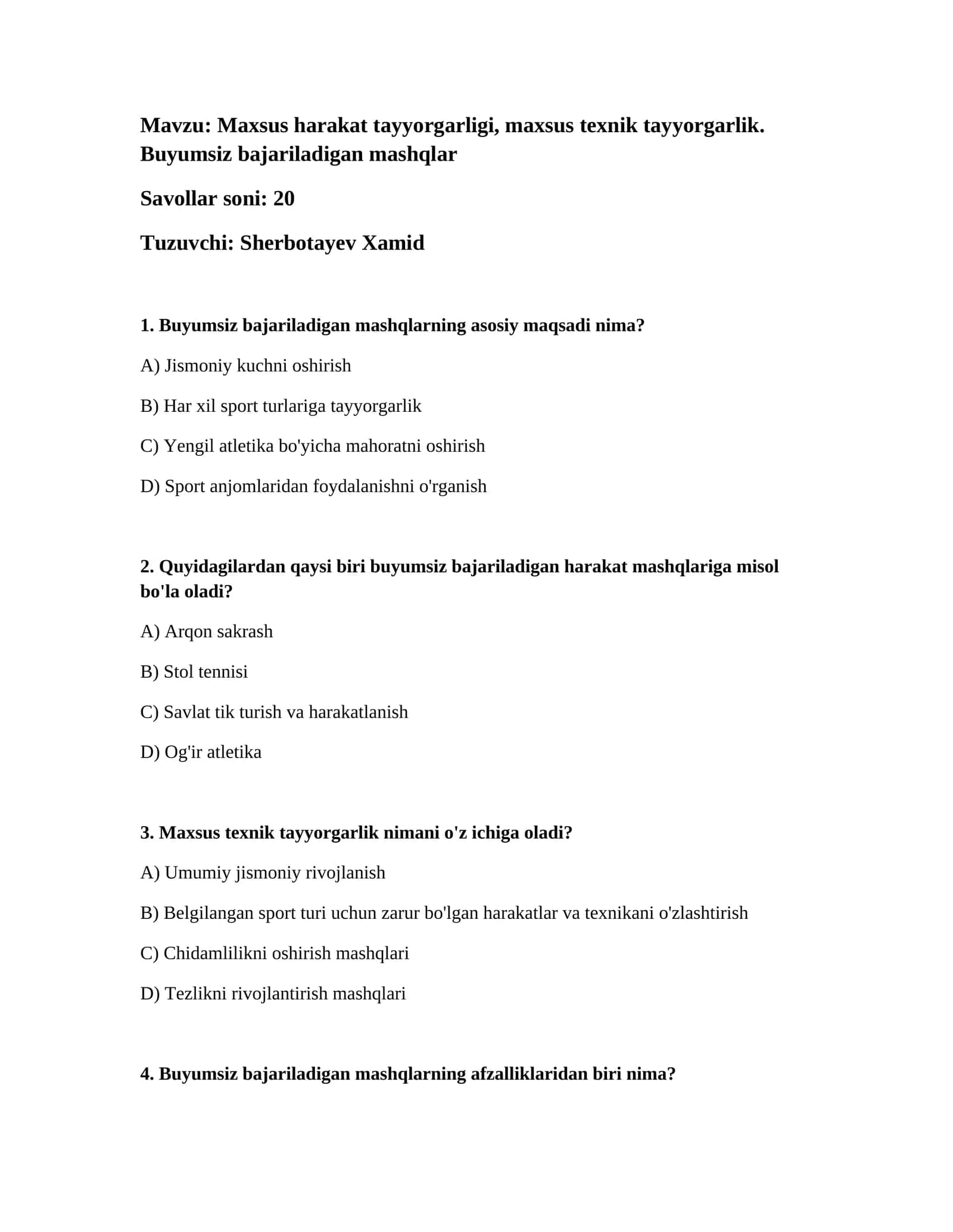 Maxsus harakat tayyorgarligi, maxsus texnik tayyorgarlik. Buyumsiz bajariladigan mashqlar 1