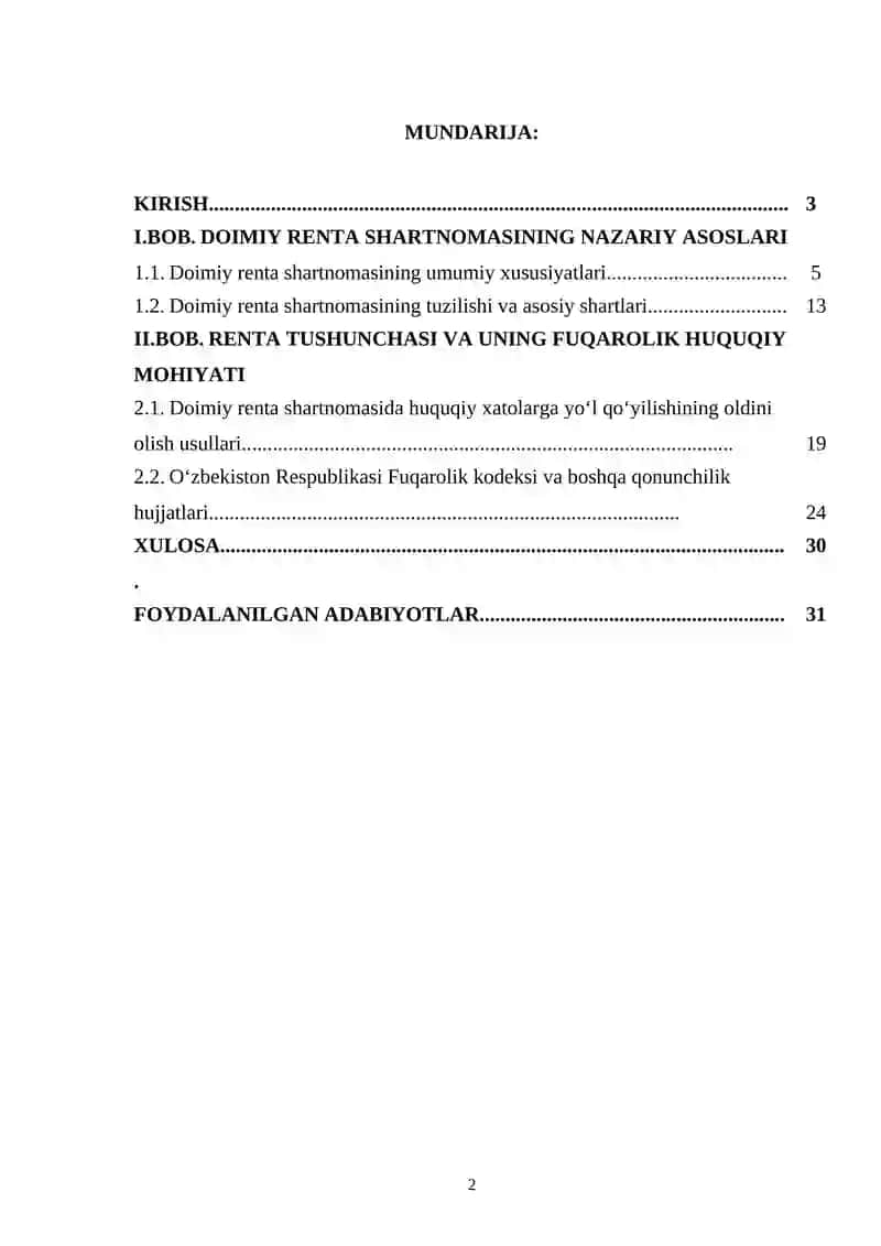 DOIMIY RENTA SHARTNOMASINING FUQAROLIK-HUQUQIY XUSUSIYATLARI
