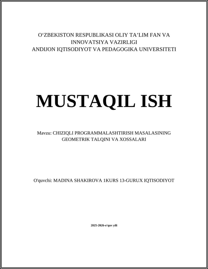 CHIZIQLI PROGRAMMALASHTIRISH MASALASINING GEOMETRIK TALQINI VA XOSSALARI 1