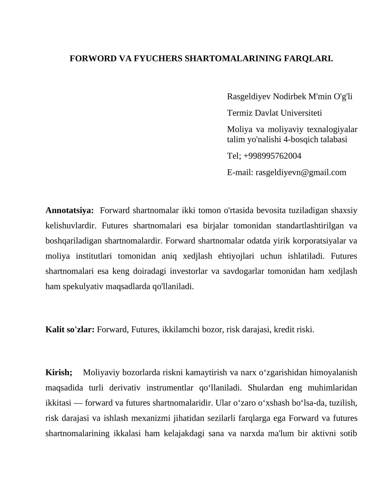 Forward va Futures Shartnomalari Farqlari 1