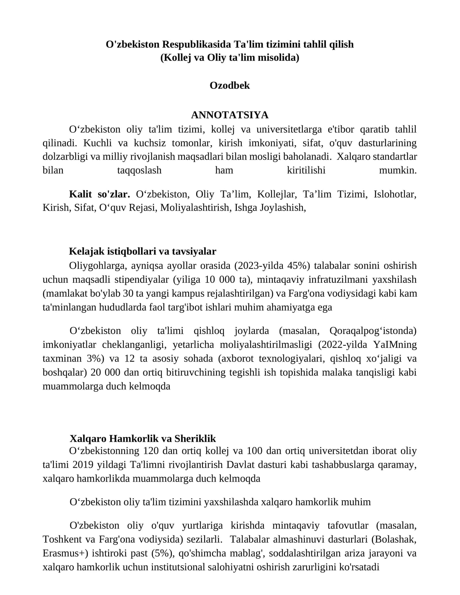 O'zbekiston Respublikasida Ta'lim tizimini tahlil qilish (Kollej va Oliy ta'lim misolida) 1