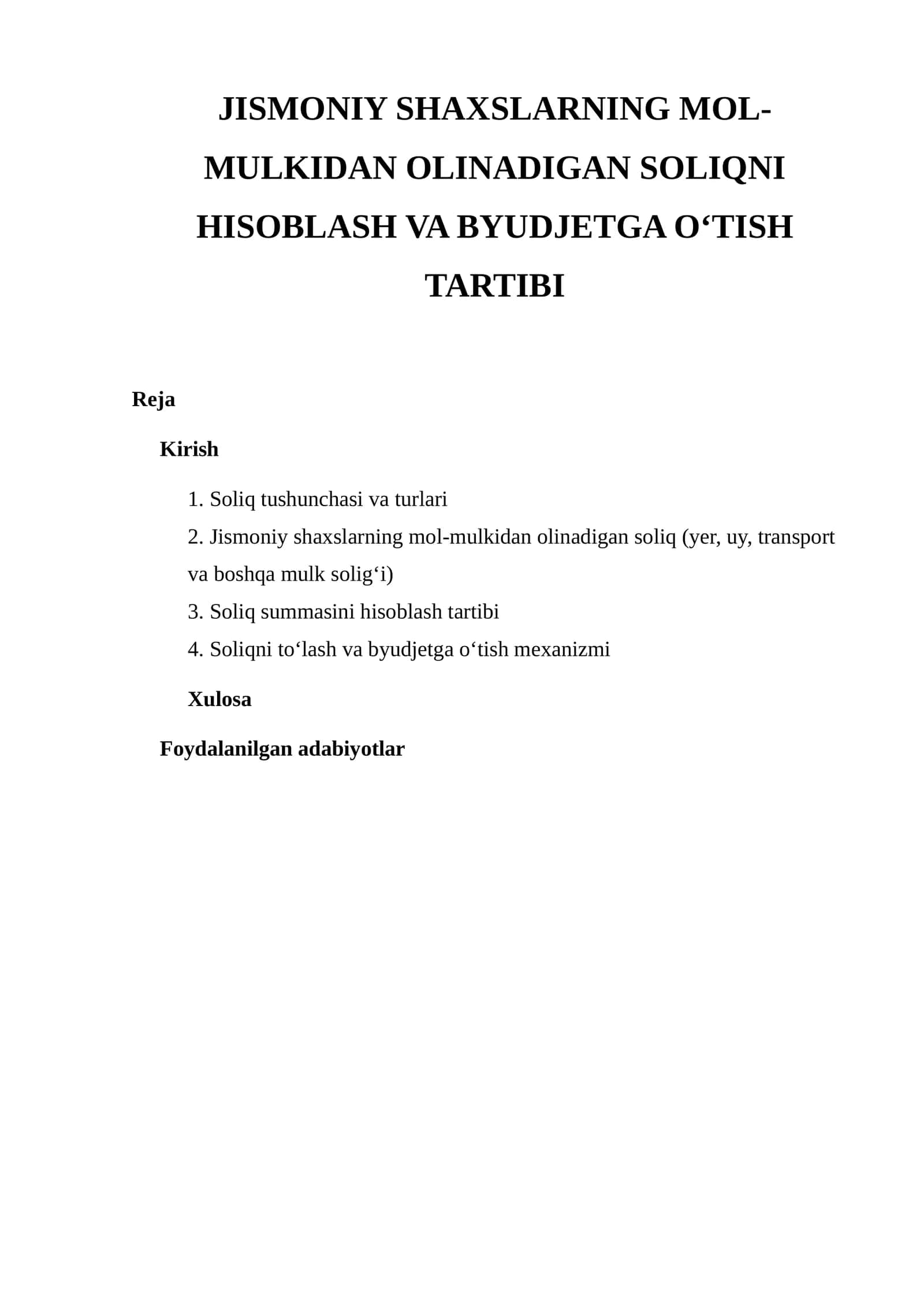 JISMONIY SHAXSLARNING MOL-MULKIDAN OLINADIGAN SOLIQNI HISOBLASH VA BYUDJETGA O‘TISH TARTIBI 1