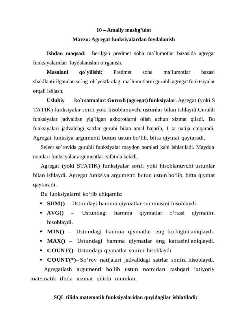 Agregat funksiyalardan foydalanish 1