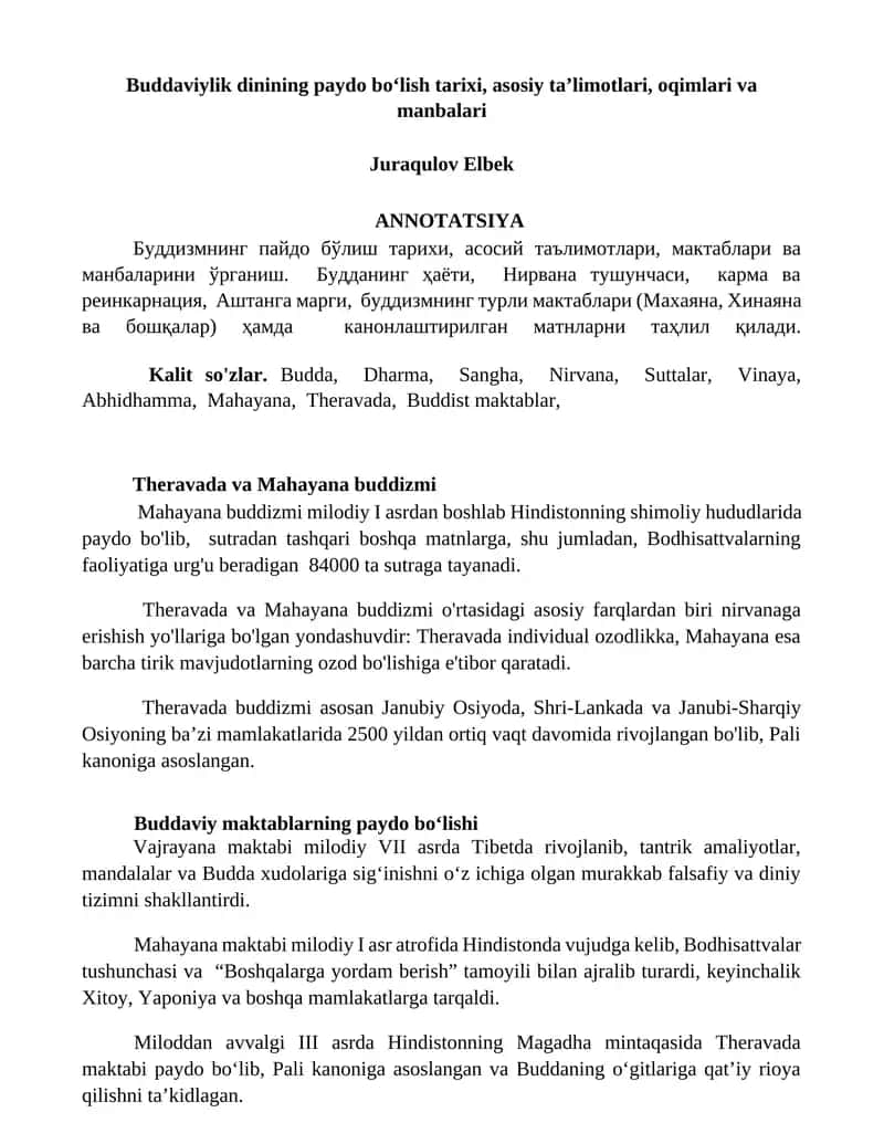Buddaviylik dinining paydo boʻlish tarixi, asosiy taʼlimotlari, oqimlari va manbalari 1