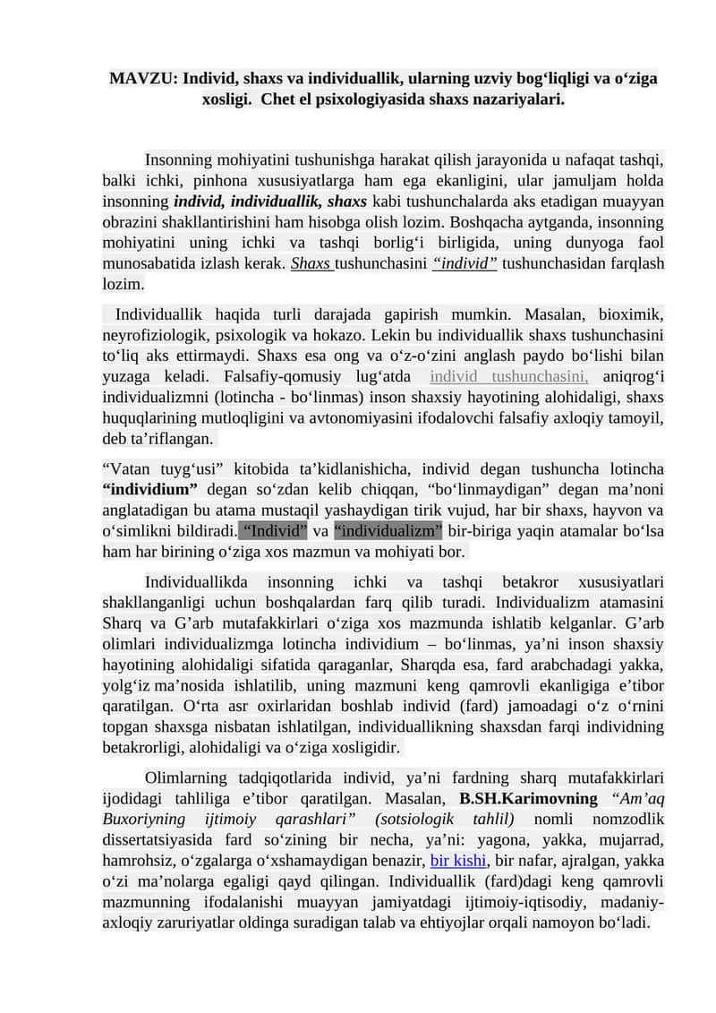 Individ, shaxs va individuallik, ularning uzviy bog‘liqligi va o‘ziga xosligi.  Chet el psixologiyasida shaxs nazariyalari. 1