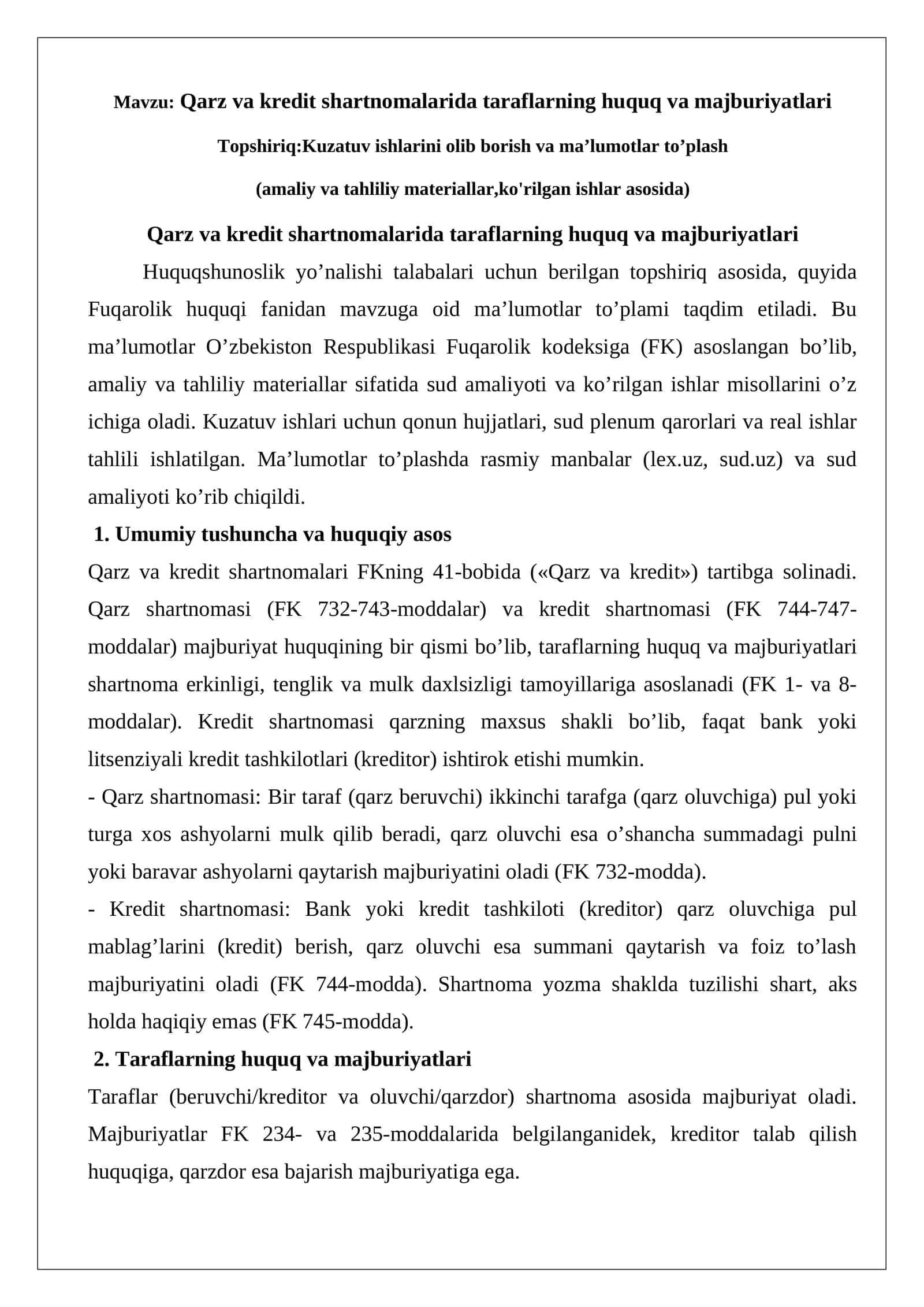 Qarz va kredit shartnomalarida taraflarning huquq va majburiyatlari 1